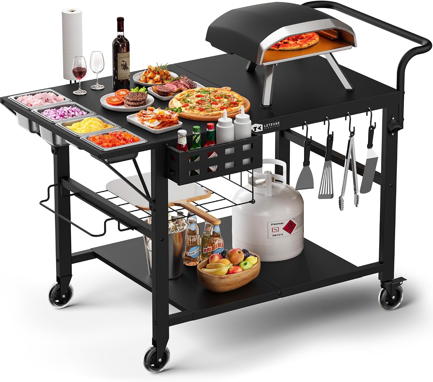 Leteuke Pizza Oven Table, Grill Cart Table for Blackstone Griddle, Outdoor Pizza Oven Stand Fits Ninja, Cuisinart, Gozney, Solo Stove, BBQ Prep Tables Station with Seasoning Tray, 47'x27.5'x30'