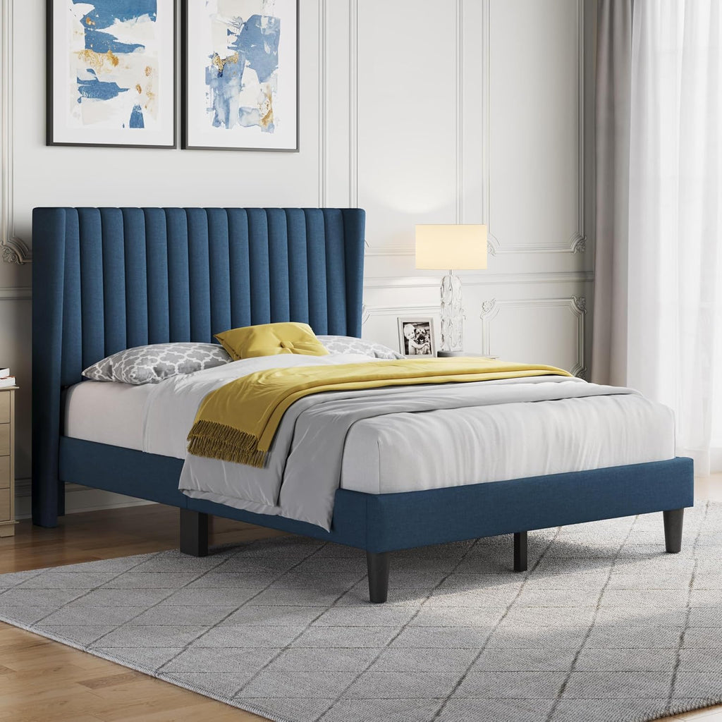 Yaheetech Full Size Bed Frame, Upholstered Platform Bed with Wing Edge Headboard, Square Tufted Fabric/Mattress Foundation/Wooden Slats Support/No Box Spring Needed/Easy Assembly/Navy Blue