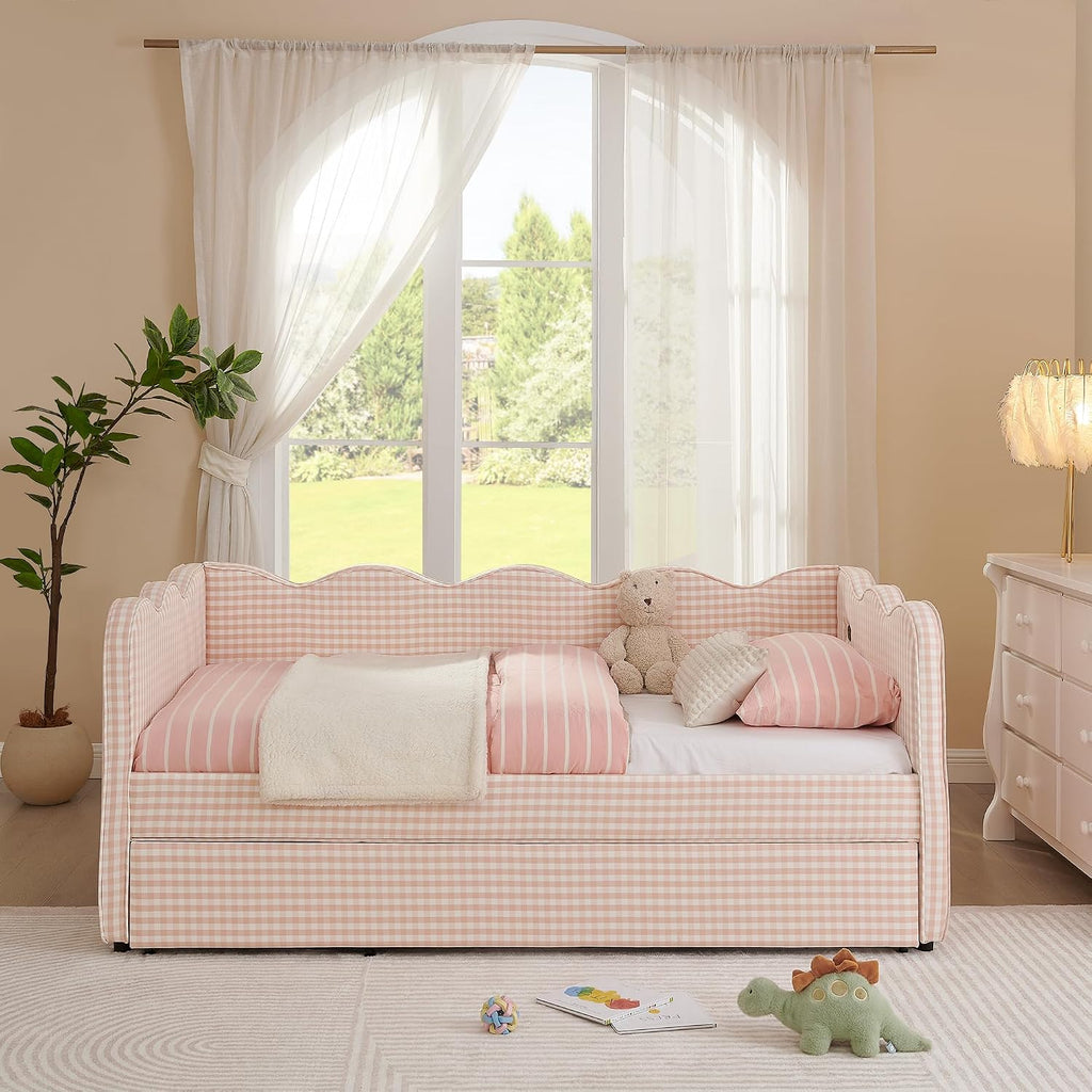 Twin to King Daybed with Trundle, USB Ports Soft Upholstered Daybed with Pop Up Trundle Bed Twin , Modern Extendable Day Bed Frame for Girls Bedroom Living Room Guest Room Small Places Apricot Pink