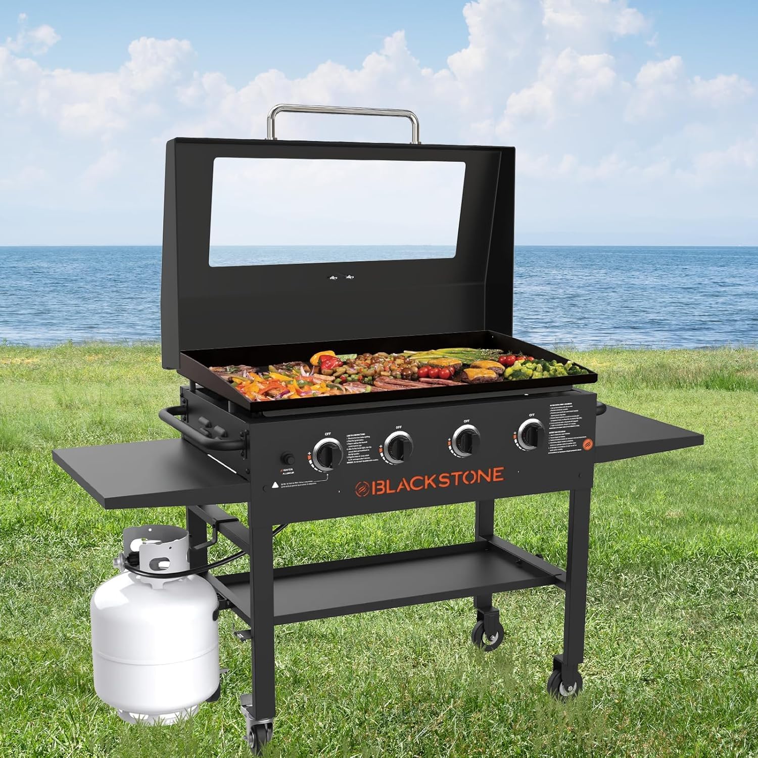 Upgrade Hinged Lid for Blackstone 36' Omnivore Griddle Hood,5856 Visualized Tempered Glass Hard Cover for Blackstone Lid 1554 2210 2177 1984 etc. 36 Omnivore Flat Top Griddle Accessories w/Thermometer