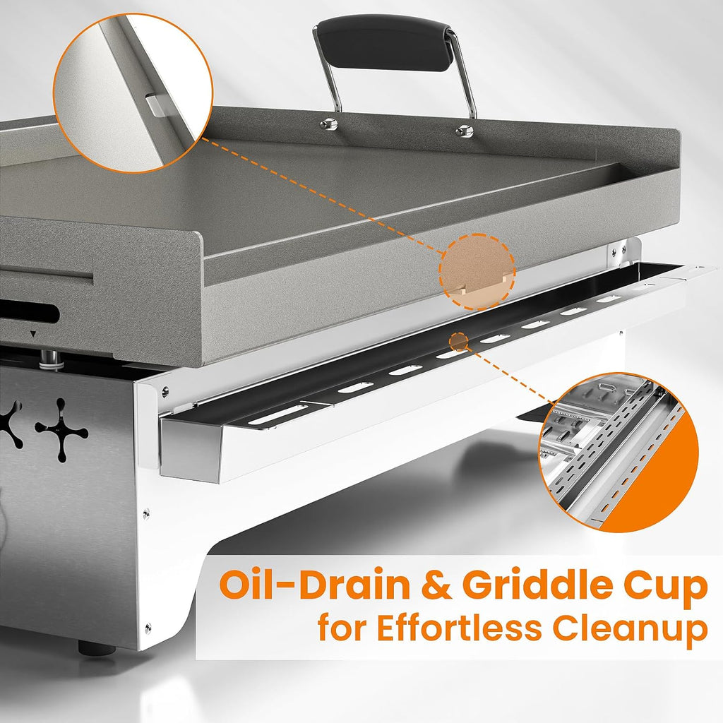 WAA Portable Propane Griddle, 32,000BTU Tabletop Portable Propane Gas Grill with 4 Burners, Stainless Steel Flat Top Grill, Outdoor Cooking for Tailgating,Camping, RVs, BBQ, Patio, Silver