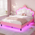 ADORNEVE Full Bed Frame with LED Lights, Princess Bed with Adjustable Chic Double Shell Headboard, Full Girl Bed Velvet Upholstered Platform Bed with Princess Crown, Solid Wood Slats Support, Pink