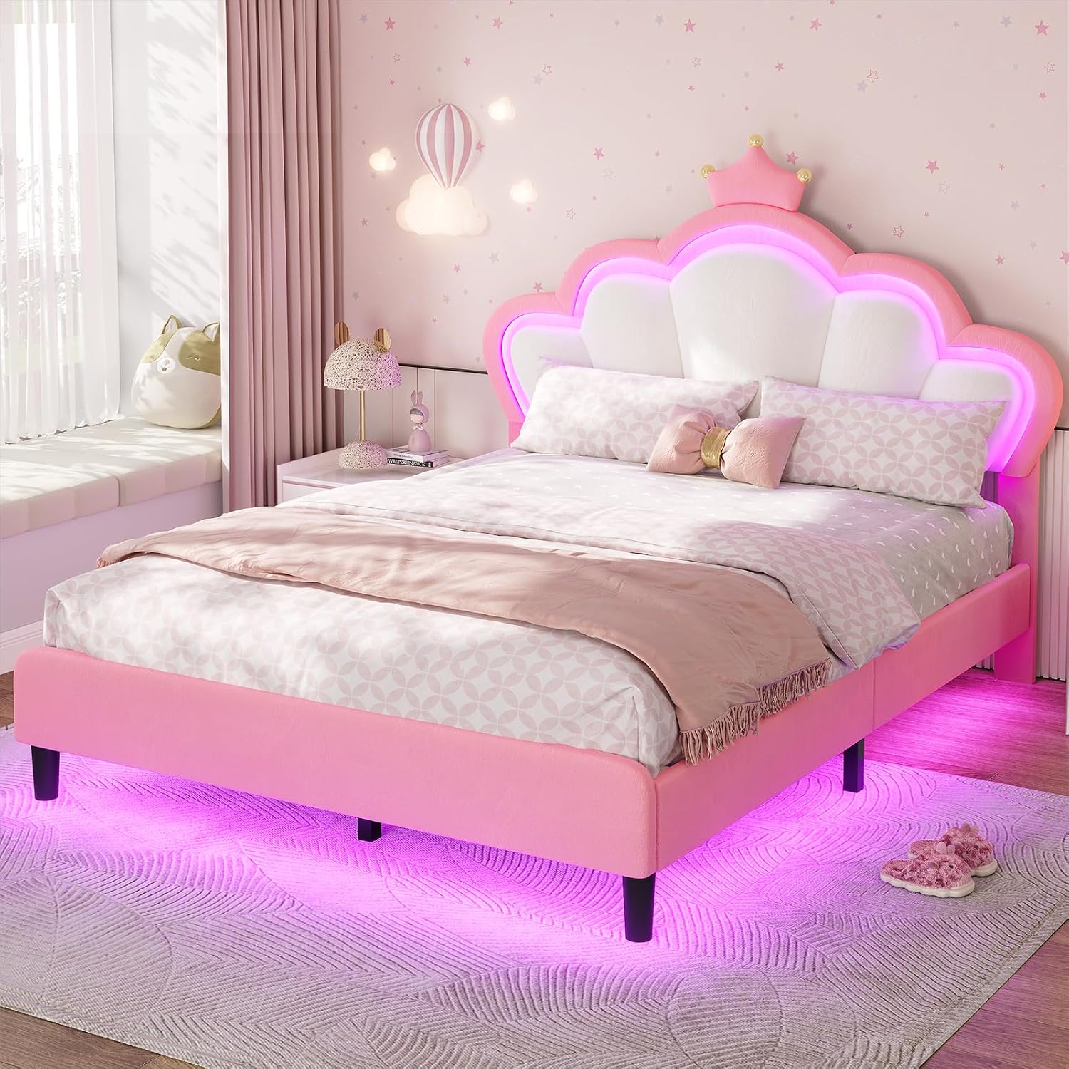 ADORNEVE Full Bed Frame with LED Lights, Princess Bed with Adjustable Chic Double Shell Headboard, Full Girl Bed Velvet Upholstered Platform Bed with Princess Crown, Solid Wood Slats Support, Pink