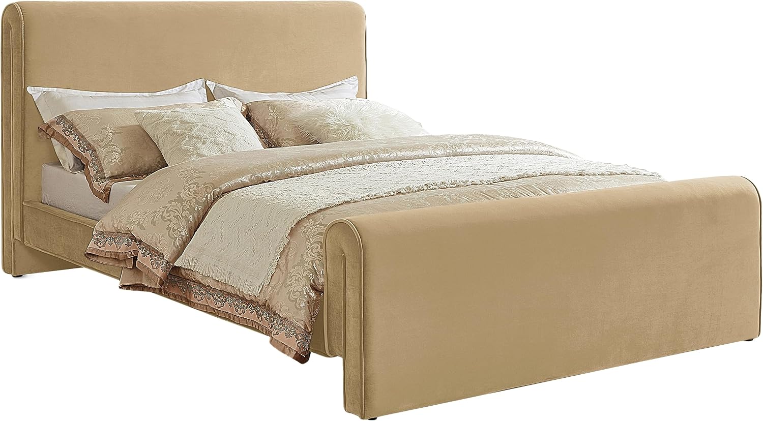 Meridian Furniture SloanCamel-F Sloan Collection Modern | Contemporary Velvet Upholstered Full Bed with Rich Soft Camel Velvet, Curved Headboard and Footboard, 59.5' W x 92' D x 45' H, Camel, Full