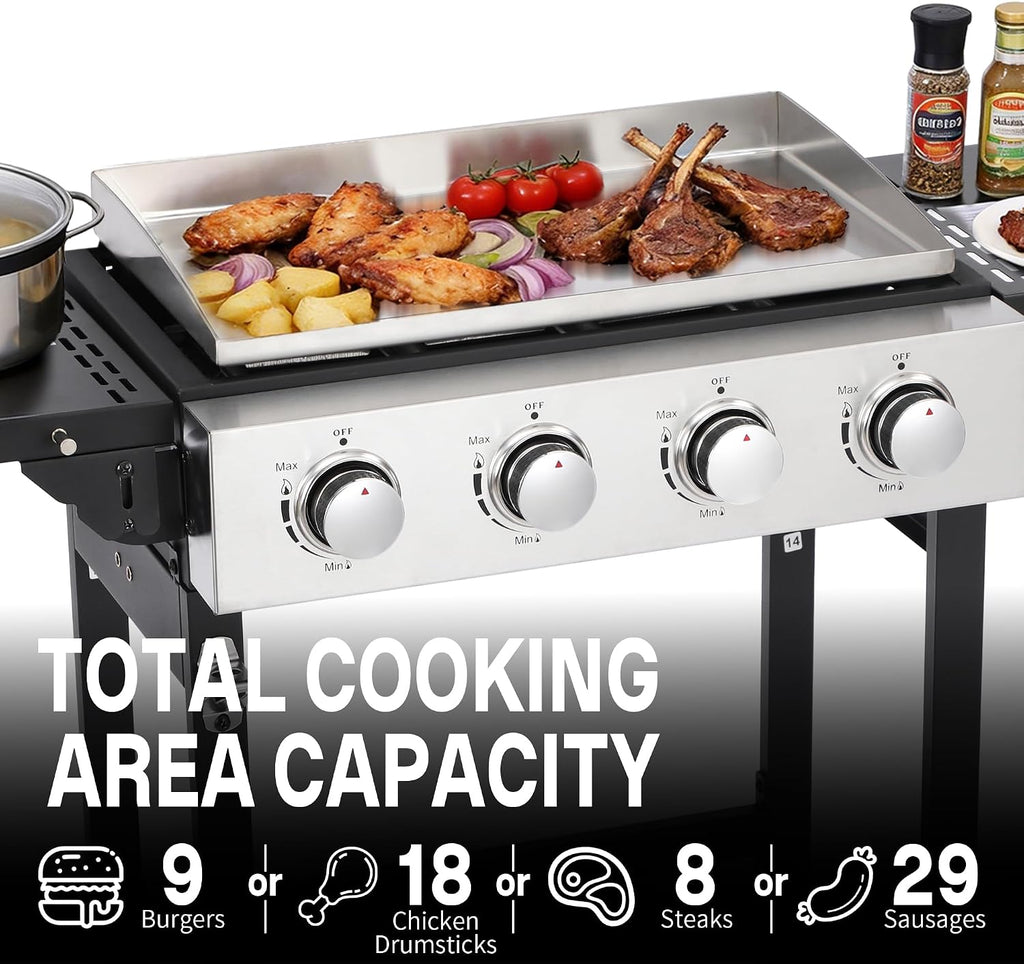 4-Burner Flat Top Grill with Folding Side Tables, Outdoor Griddle Grill with Storage Cover, 40,000 BTU Flat Grill with Stainless Steel Cooking Surface for BBQ, Camping, Tailgating