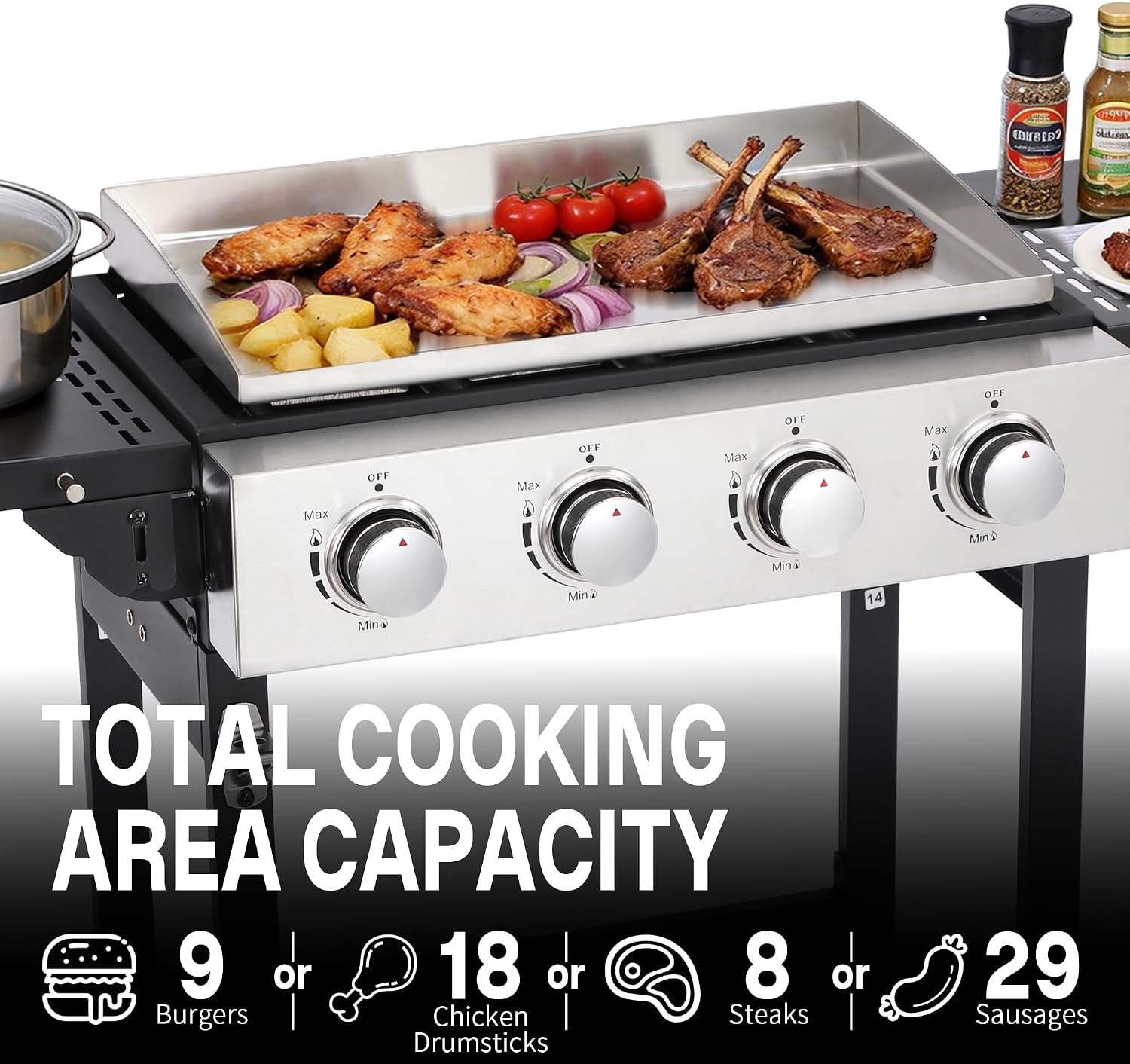 4-Burner Flat Top Grill with Folding Side Tables, Outdoor Griddle Grill with Storage Cover, 40,000 BTU Flat Grill with Stainless Steel Cooking Surface for BBQ, Camping, Tailgating