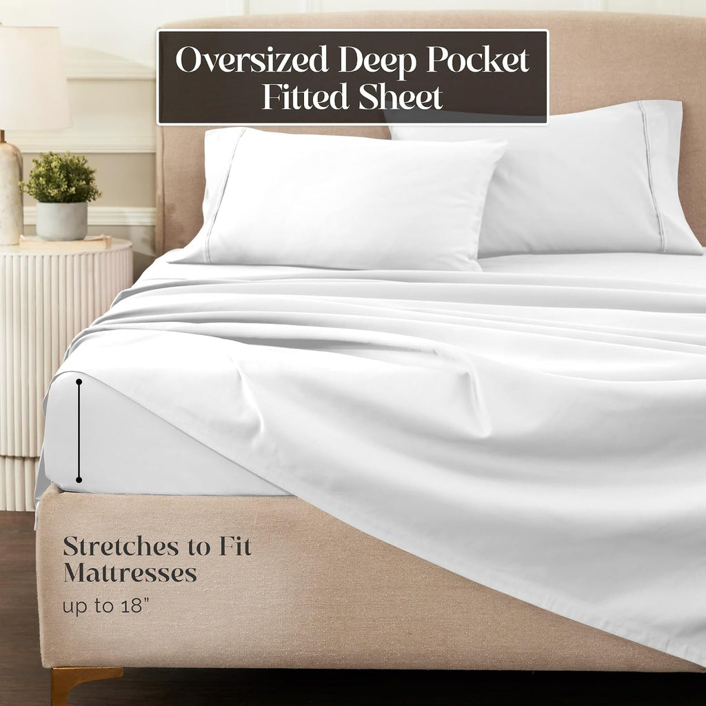 Superior 1200 Thread Count Egyptian Cotton Sheet Set, Bedroom Sheets, Modern Home Essentials, Luxury Bedding, 1 Elastic Deep Pocket Fitted Bed Sheet, 1 Flat Sheet, 2 Pillowcases, Queen, White