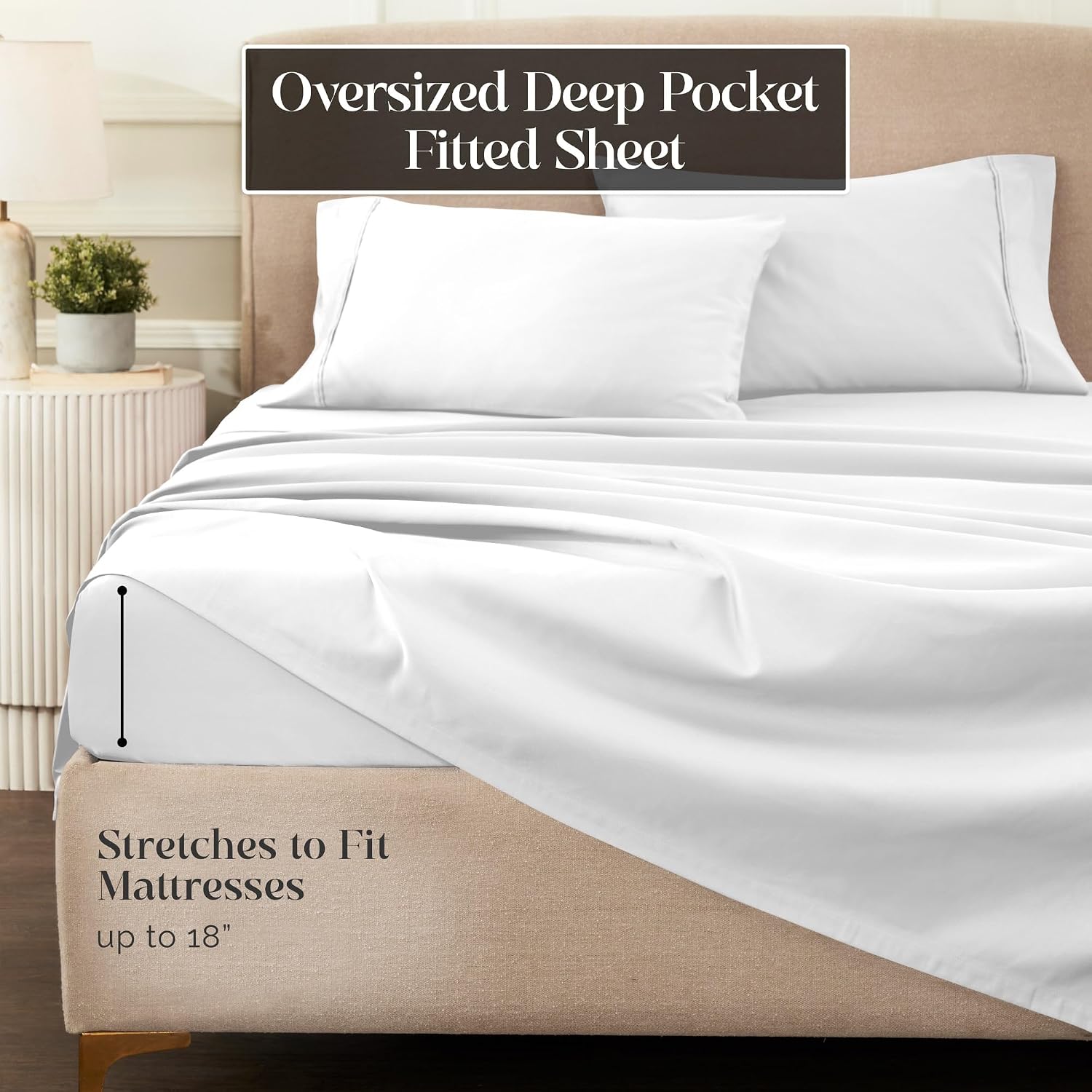 Superior 1200 Thread Count Egyptian Cotton Sheet Set, Bedroom Sheets, Modern Home Essentials, Luxury Bedding, 1 Elastic Deep Pocket Fitted Bed Sheet, 1 Flat Sheet, 2 Pillowcases, Queen, White