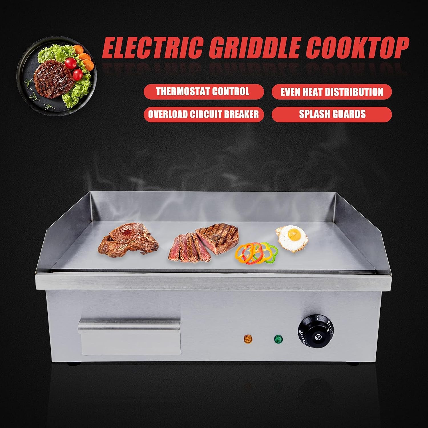 Commercial Electric Griddle, Teppanyaki Electric Griddle Cooktop Countertop Commercial Flat Top Grill Griddles BBQ Plate Grill Thermostatic Control 122-572℉
