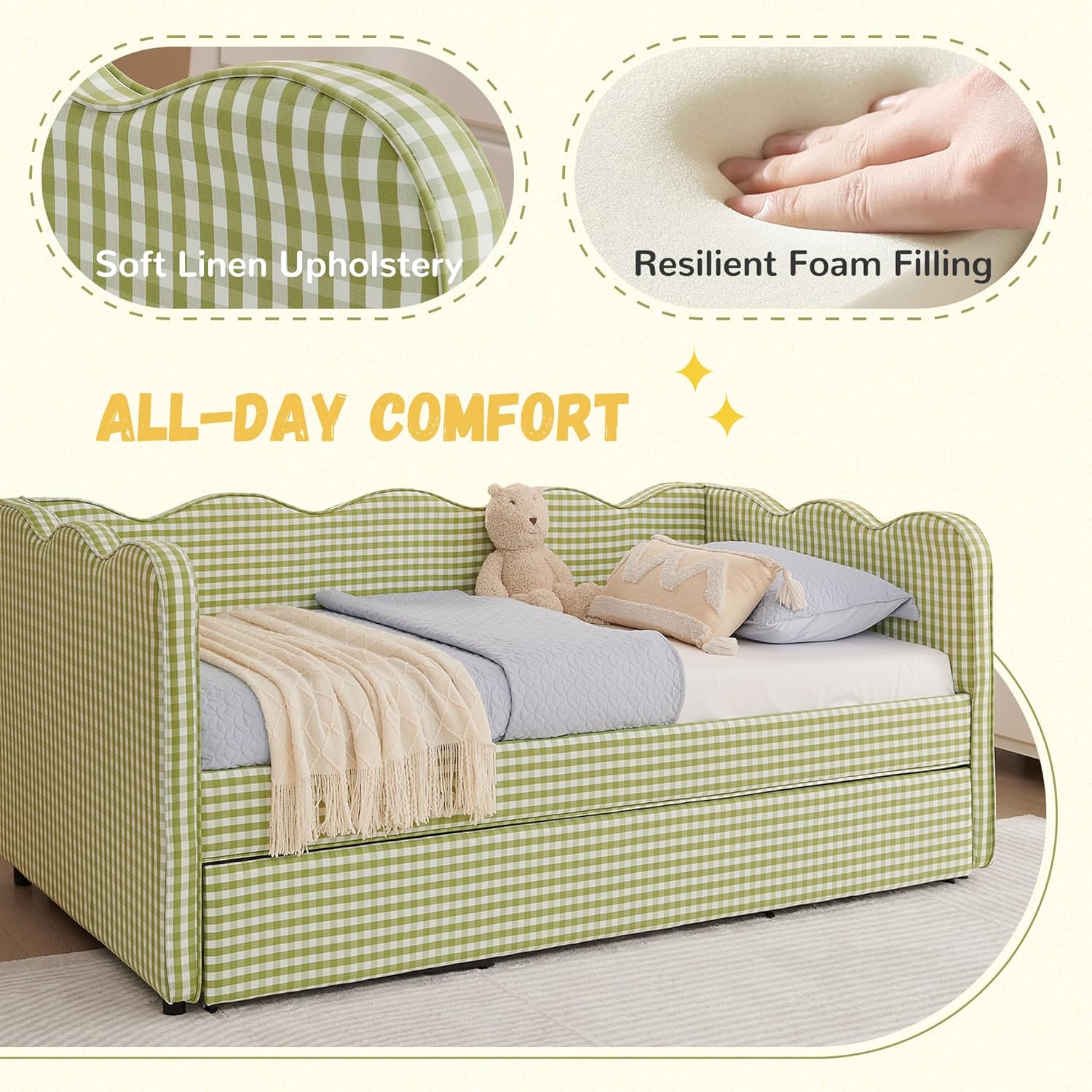 DEINPPA Twin Size Upholstered Daybed with Trundle, Gingham Daybed with USB Ports for Bedroom Living Room Guest Room-Green