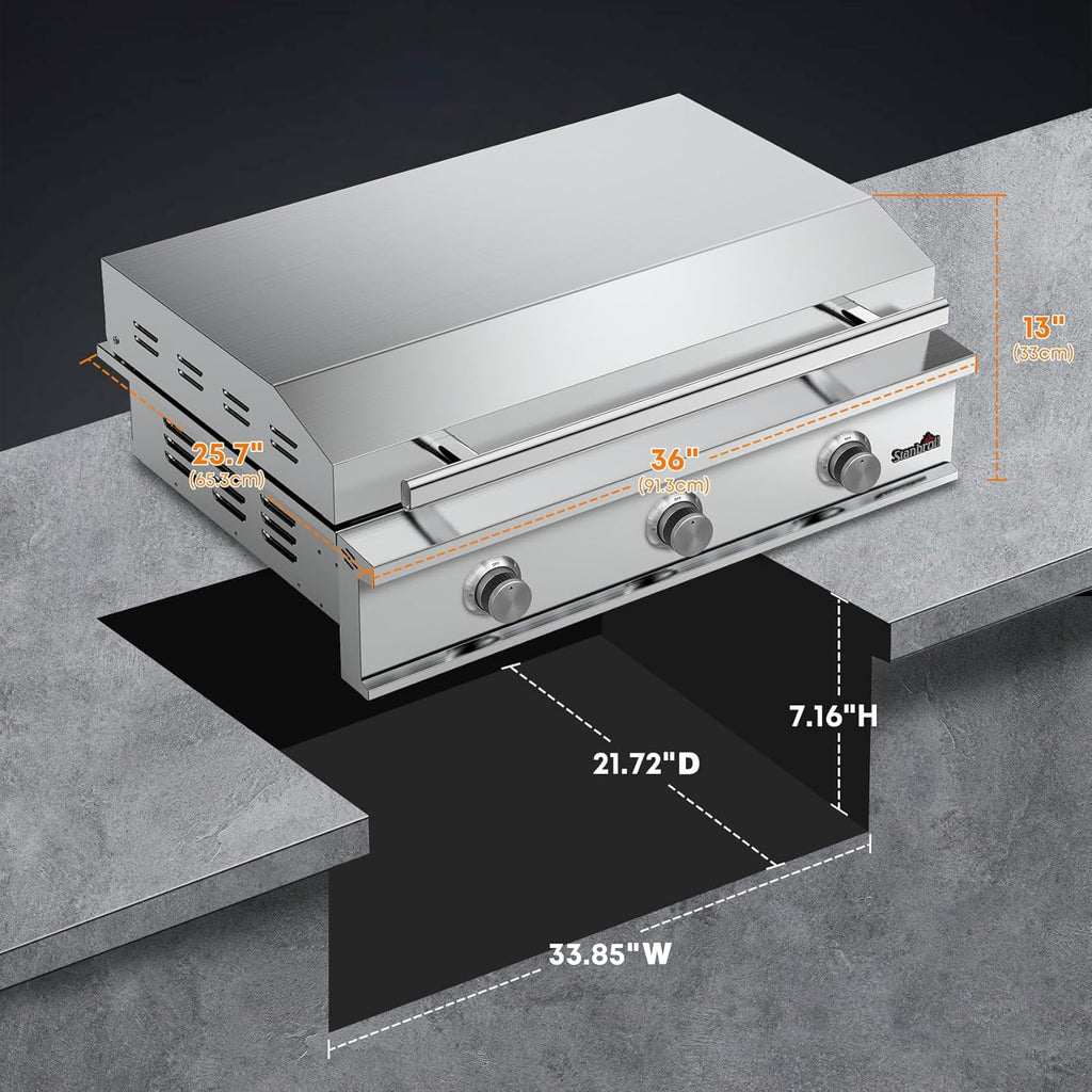 Stanbroil 36-Inch Built-In Liquid Propane Griddle, Premium 304 Stainless Steel 3 Burner Flat Top Grill for Outdoor Kitchen BBQ Island