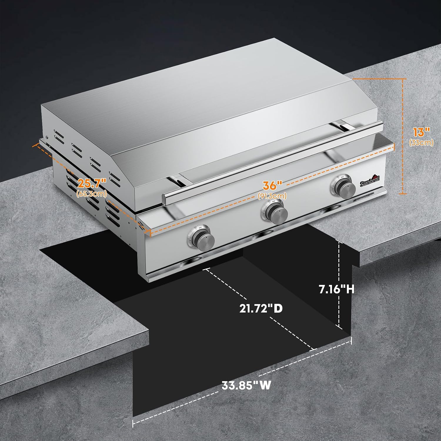 Stanbroil 36-Inch Natural Gas Built-In Griddle, Premium 304 Stainless Steel 3 Burner Flat Top Grill for Outdoor Kitchen BBQ Island