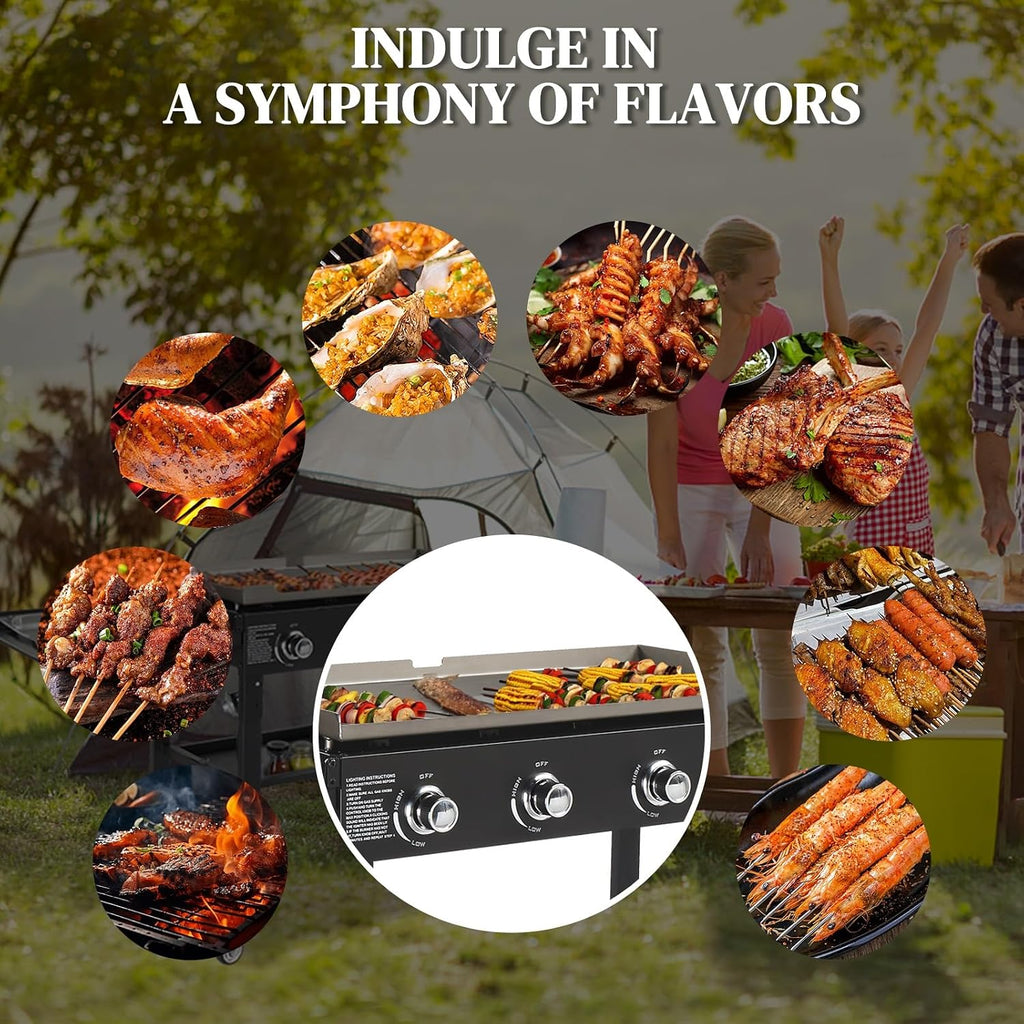 Foldable Flat Top Grill, Portable Outdoor Propane Griddle with 2 Foldable Shelves, 30000/45000/60000 BTU Gas Grill Griddle Cooking Station for BBQ & Outdoor Cooking, Black(4 Burner)