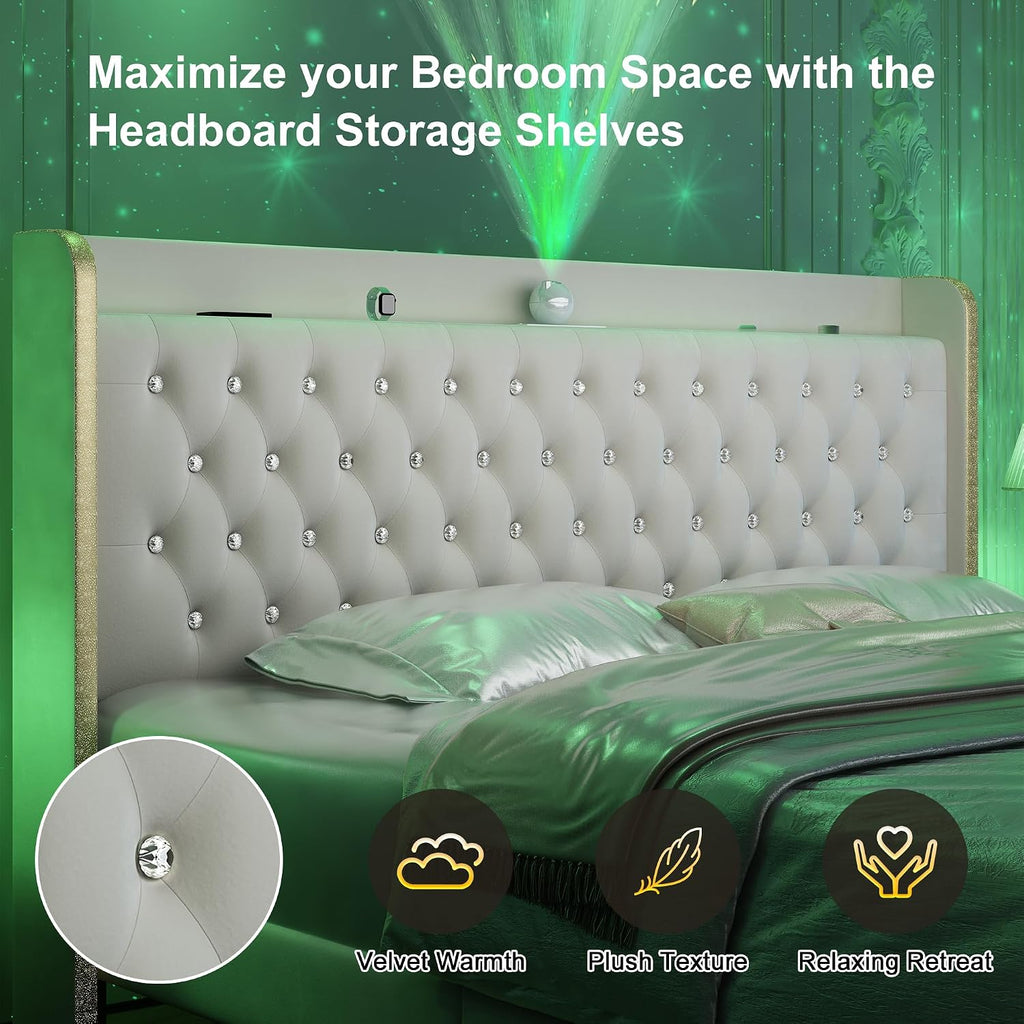 Queen Bed Frame with LED Lights and Galaxy Projecton, Upholstered Wingback Platform Bed, No Box Spring Needed, Sturdy Noiseless Modern Headboard with Starry Accents, Easy Assembly, Velvet Cream