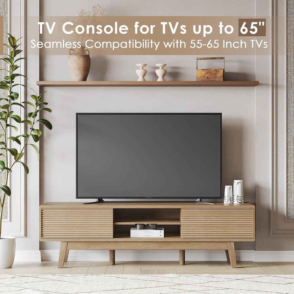 TOLEAD 59' TV Console, Mid Century Modern TV Stand for 55/60/65 Inch TV, Low Profile Media Console with Fluted Sliding Doors, Boho Wood Credenza for Living Room, Oak