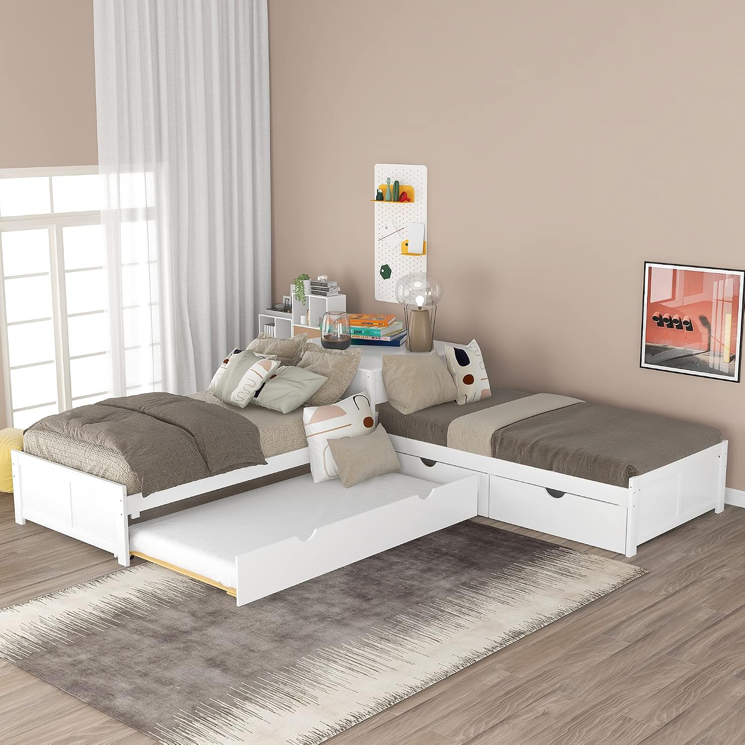 Merax Storage Daybed with Trundle, Twin Size L-Shaped Platform Bed with Convertible Trundle, Two Drawers and Built-in Desk for Living Room, Bedroom, Guest Room, No Box Spring Needed (White)