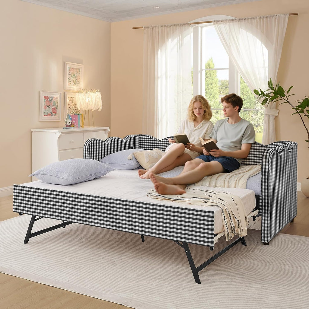 Twin to King Daybed with Trundle, USB Ports Soft Upholstered Daybed with Pop Up Trundle Bed Twin , Modern Extendable Day Bed Frame for Kids Bedroom Living Room Guest Room Small Places Geometric Black