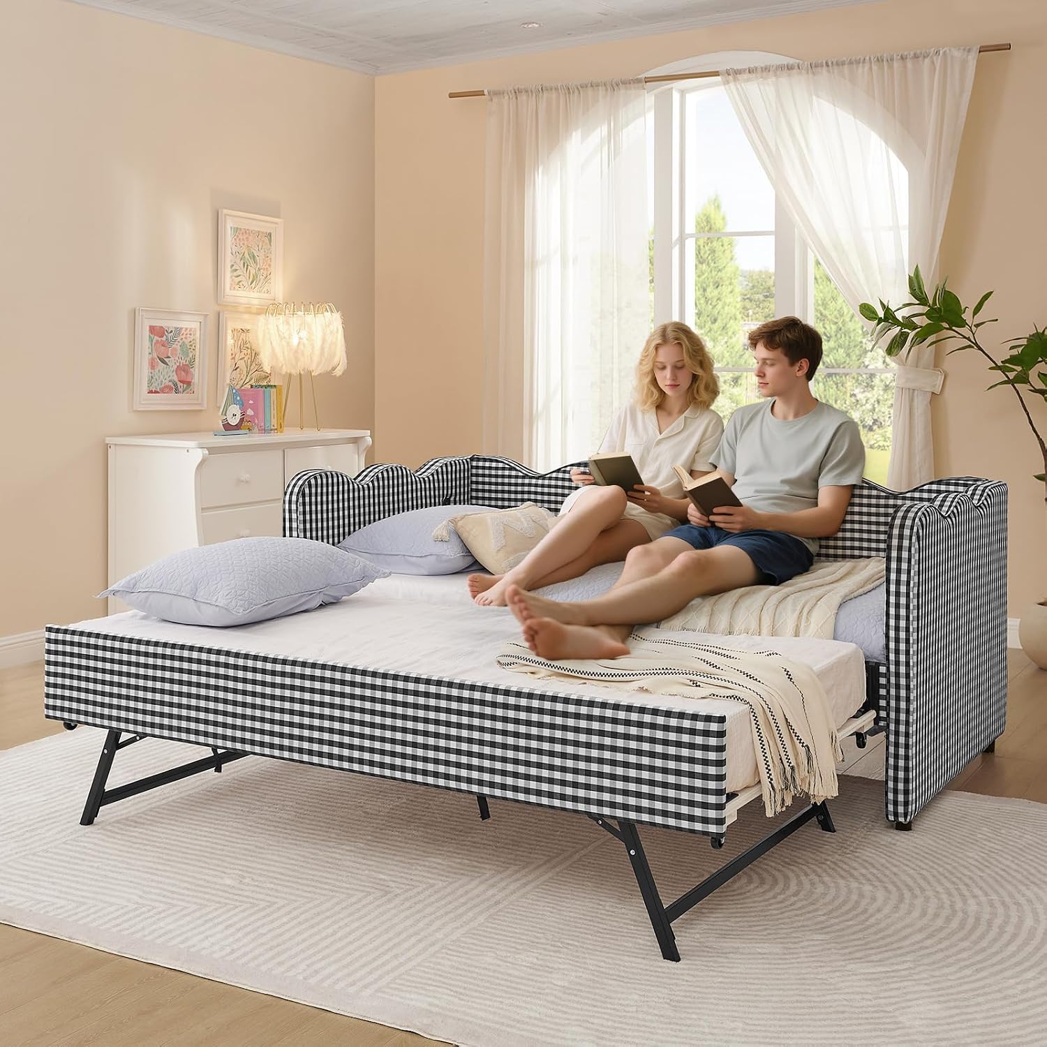 Twin to King Daybed with Trundle, USB Ports Soft Upholstered Daybed with Pop Up Trundle Bed Twin , Modern Extendable Day Bed Frame for Kids Bedroom Living Room Guest Room Small Places Geometric Black
