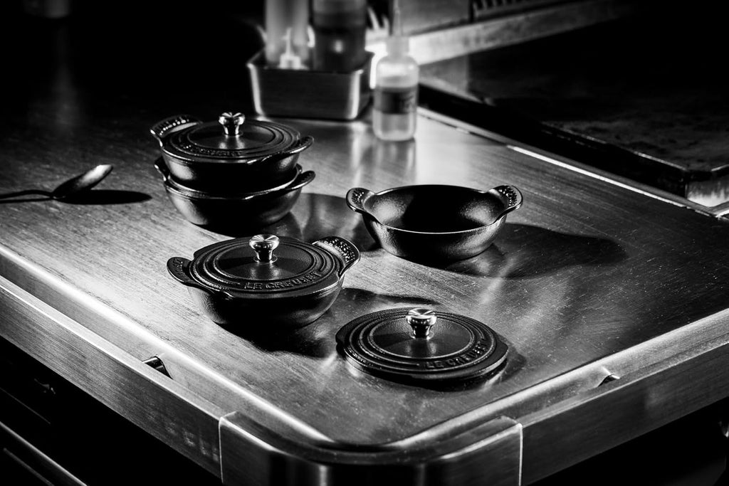 Le Creuset Enameled Cast Iron Gourmand Collection Set of 4 Mini Round Braiser, .3 qt., Matte Black w/Stainless Steel Knob
