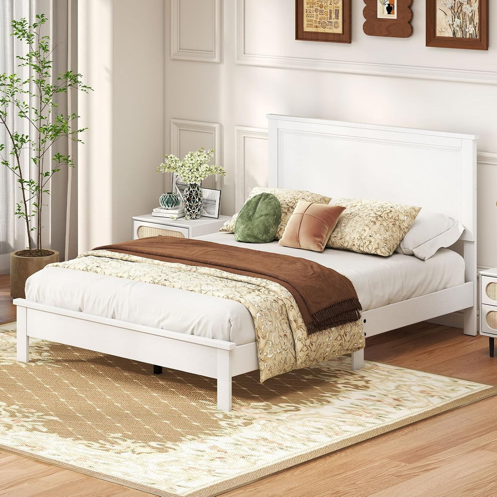 GOFLAME Full Size Wood Bed Frame, Mid-Century Modern Platform Bed with Headboard, Solid Wood Legs, Mattress Foundation with 12 Wooden Slats, No Box Spring Needed, White