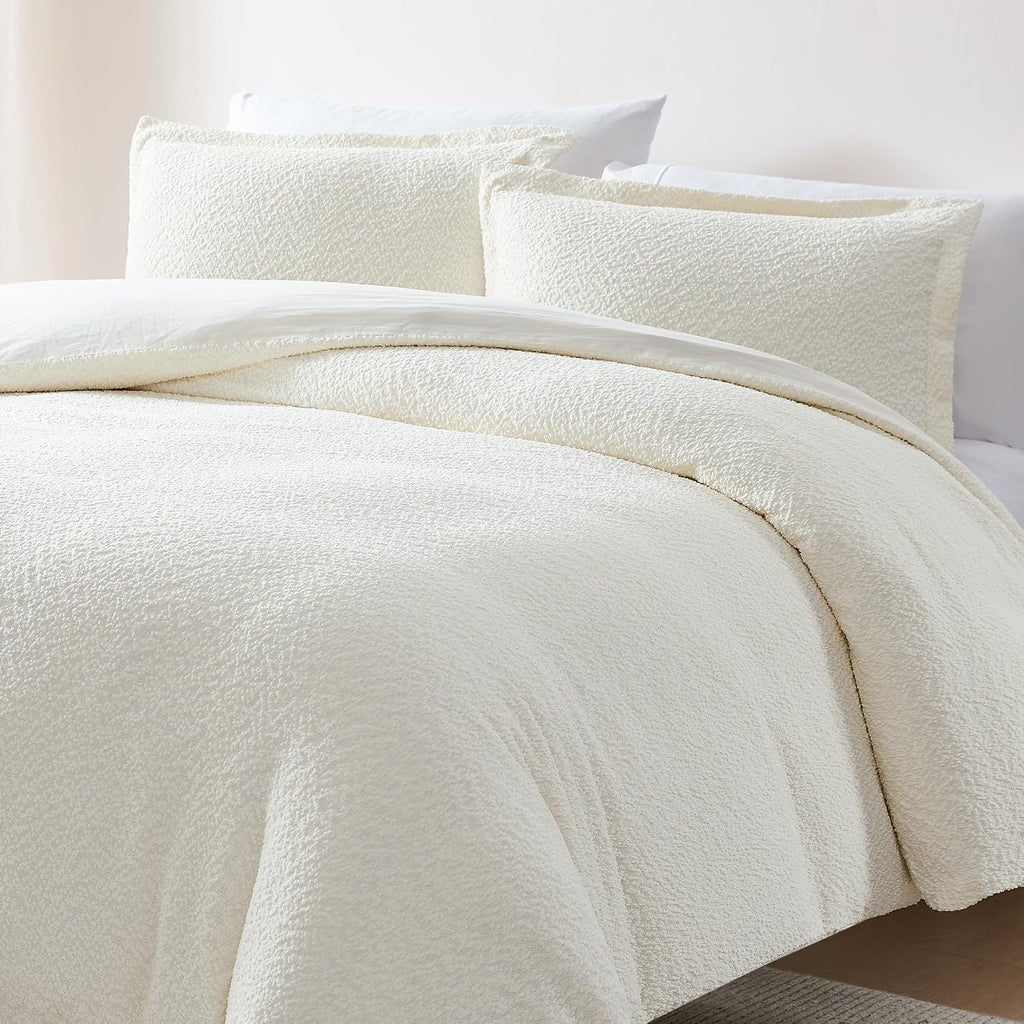 Lush Decor Lotti Boucle Duvet Cover 3 Piece Set Full/Queen Soft White - White Duvet Cover- Textured Cozy Bedding Set - Modern Minimalist Decor