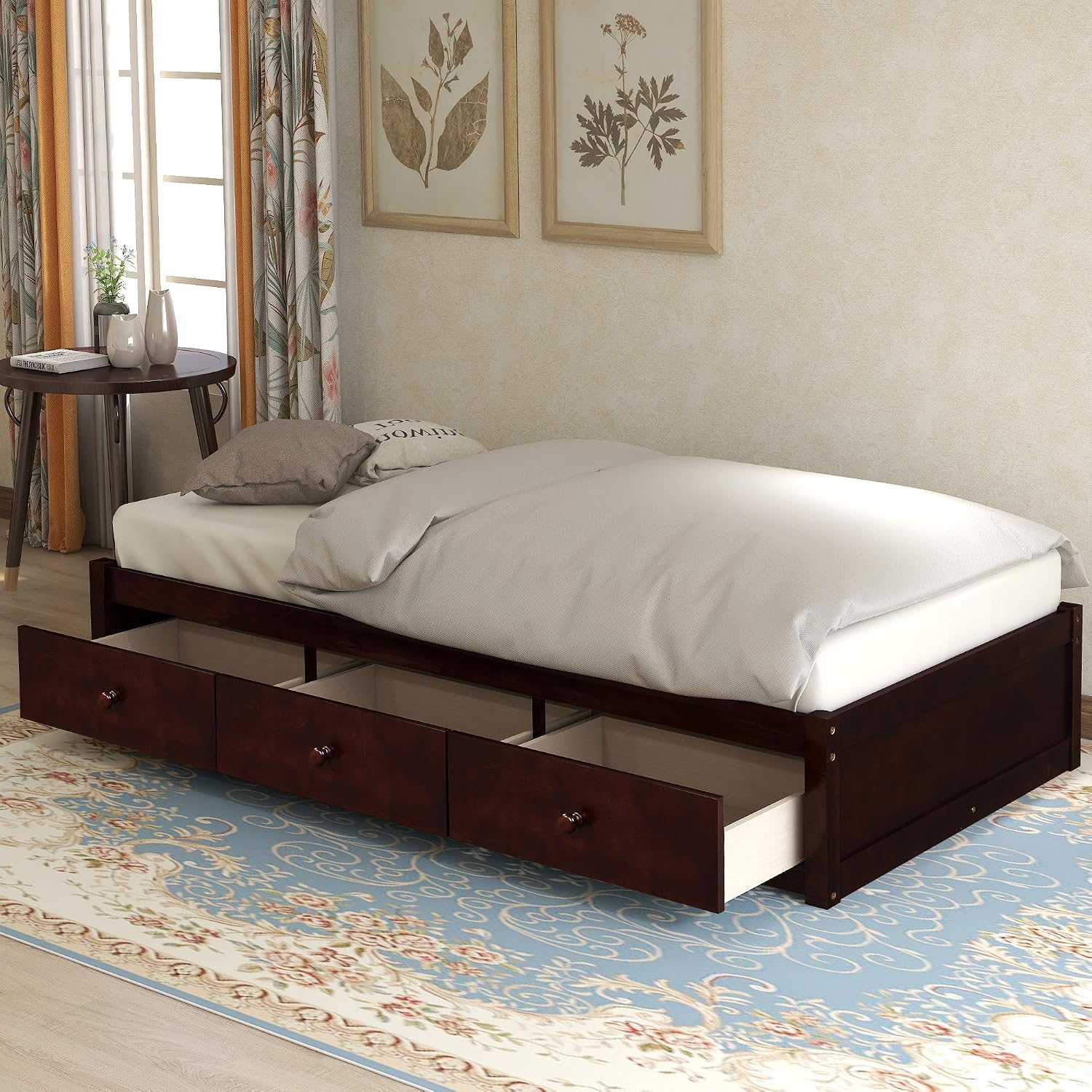 SOFTSEA Twin Size Storage Bed with Storage Drawers, No Box Spring Needed (Cherry)