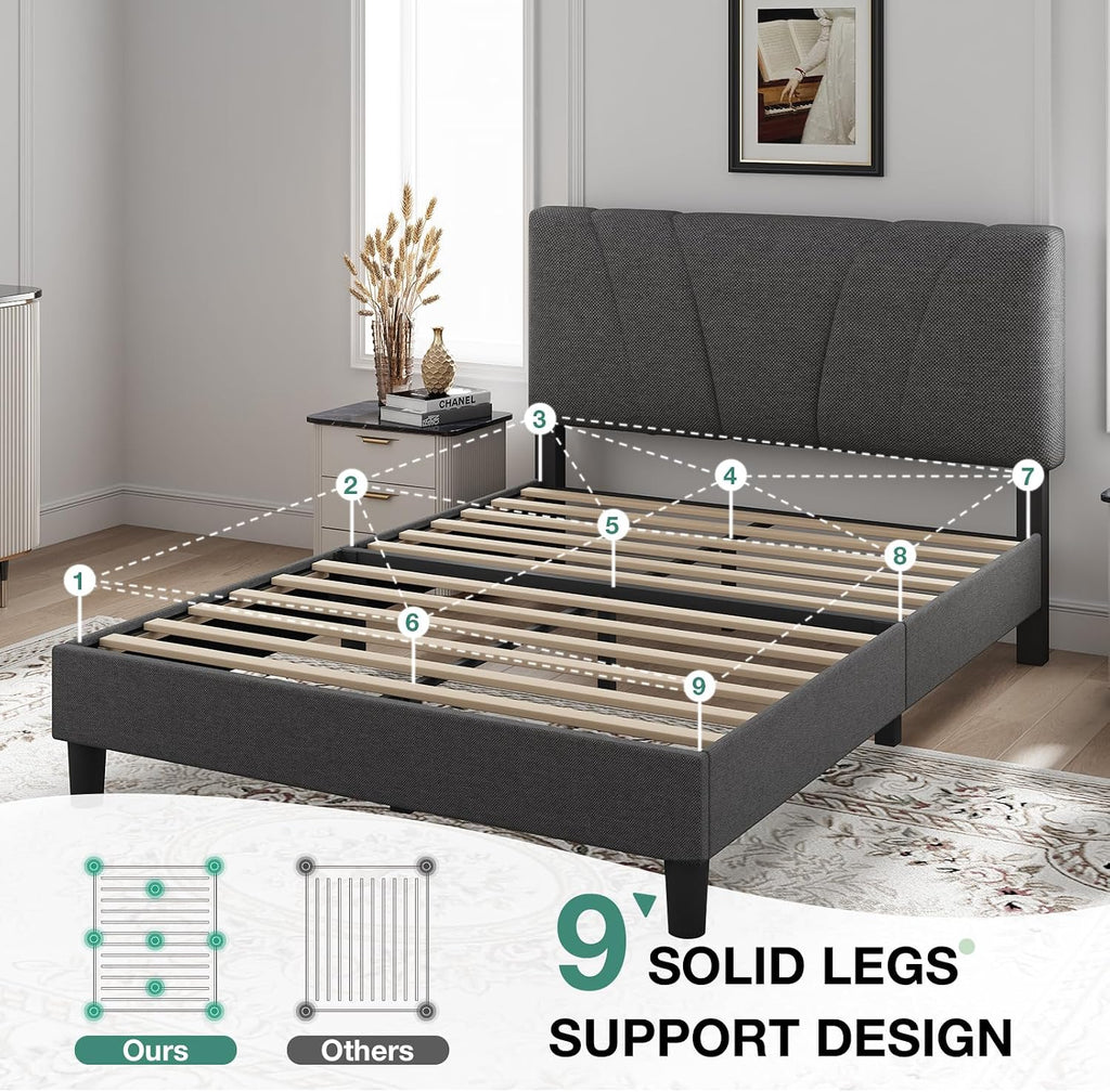 Novilla Queen Size Bed Frame Upholstered Platform Queen Bed Frame with Adjustable Headboard, Strong Weight Capacity, No Box Spring Needed, Easy Assembly, Grey