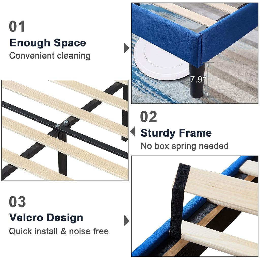 VECELO Full Upholstered Platform Bed Frame with Tufted Adjustable Headboard/Mattress Foundation/Wood Slat Support,Easy Assembly,Navy Blue