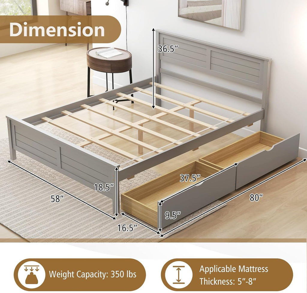 KOMFOTT Full Size Wood Bed Frame with 2 Storage Drawers, Mid Century Platform Bed Frame with Headboard, Sturdy Wooden Slats Support, Modern Mattress Foundation, No Box Spring Required, Easy Assembly