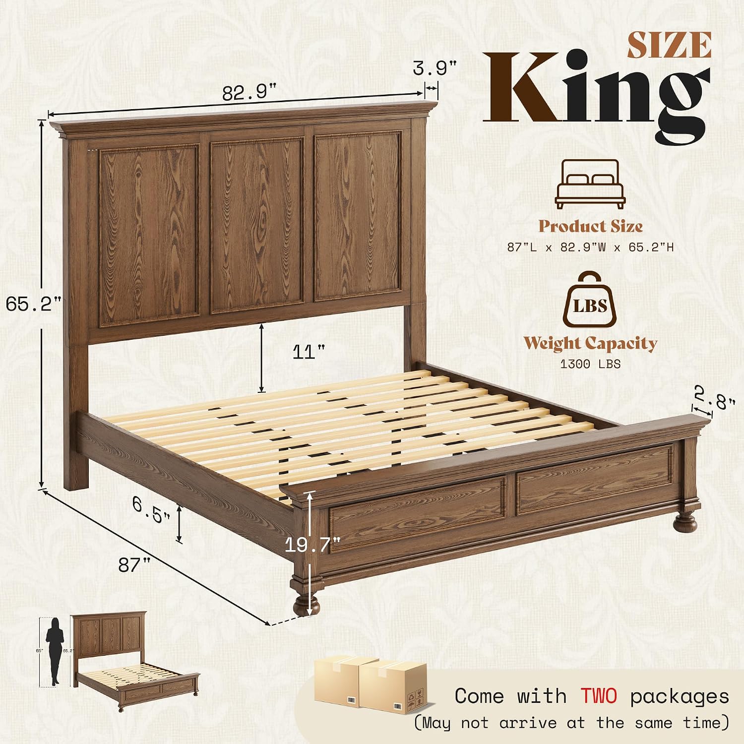 AMERLIFE Solid Wood King Bed Frame with 65.2' High Headboard, Traditional Platform Bed with Heavy Duty Slats, No Box Spring Needed, Easy Assembly, Light Brown