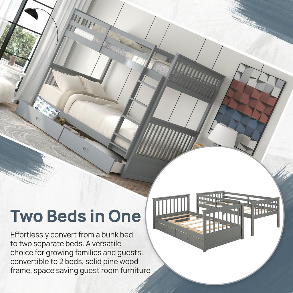 Merax Twin-Over-Twin Bunk Bed with Two Storage Drawers, Solid Wood Twin Size Bunk Bed with Guardrial and Removble Ladder, Can be Converted Into 2 Separate Beds, Grey