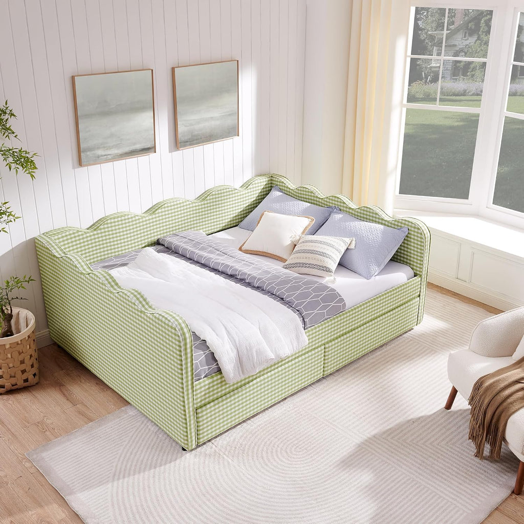 DEINPPA Queen Size Upholstered Daybed with 2 Storage Drawers, Gingham Daybed with USB Ports for Bedroom Living Room Guest Room-Green