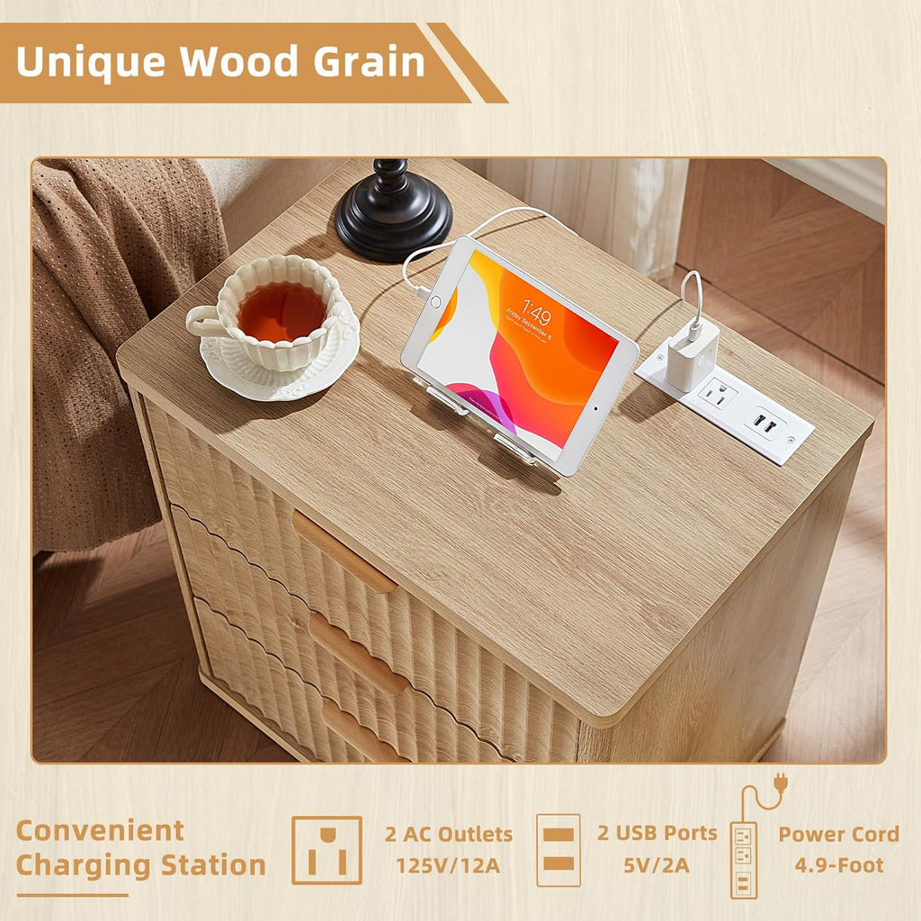 LEYAOYAO Fluted Dresser and 3 Drawers Nightstand Set of 2, Wood 48' Wide Dresser & 23' Night Stand with Charging Station, 3 Piece Bedroom Furniture Set, Chest of Drawers for Home,Living Room,Wood