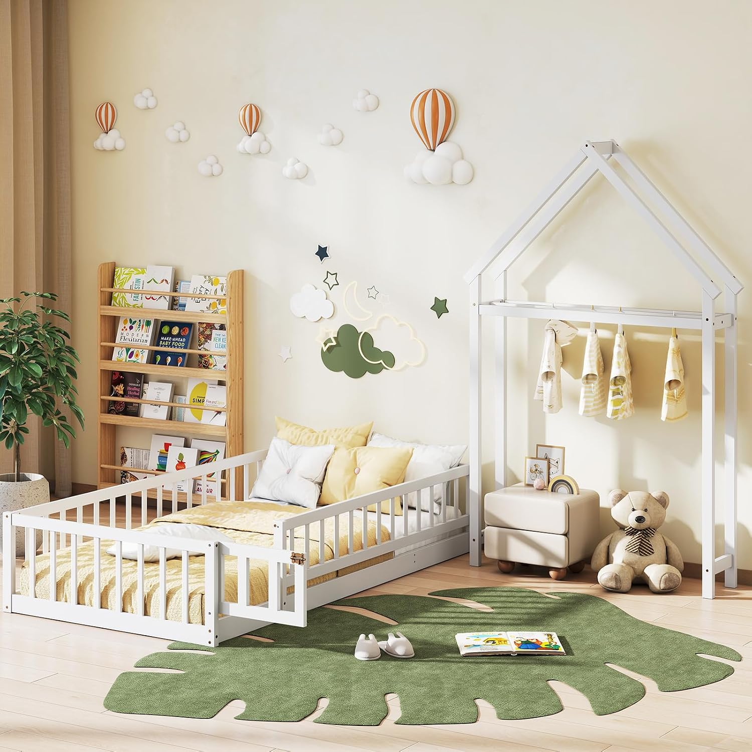 KOMFOTT Twin Size Floor Bed with House-Shaped Headboard, Kids Montessori Floor Bed with Detachable Clothes Hanger, Full Length Safety Guardrails, Door & Latch, Solid Wood Floor Bed Frame