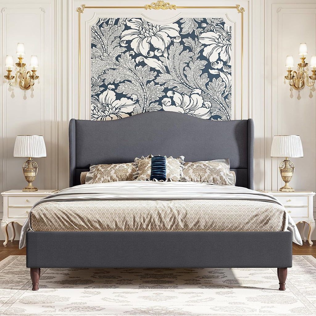 koorlian Full Size Bed Frame Upholstered Platform Bed with 51' Tall Headboard Wingback, Soft Fabric, Retro Simple Style Platform Bed No Box Spring Needed, Easy Assembly, Grey