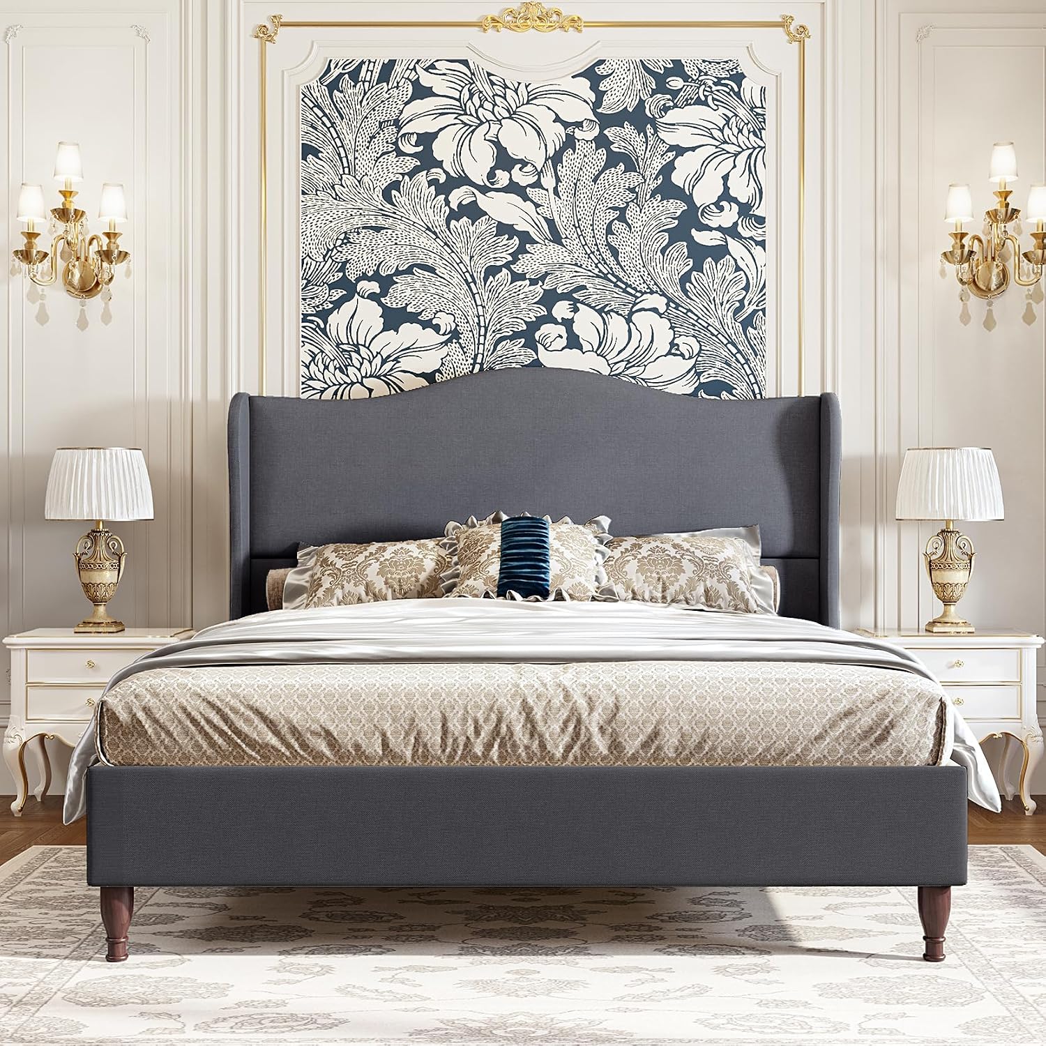 koorlian Full Size Bed Frame Upholstered Platform Bed with 51' Tall Headboard Wingback, Soft Fabric, Retro Simple Style Platform Bed No Box Spring Needed, Easy Assembly, Grey