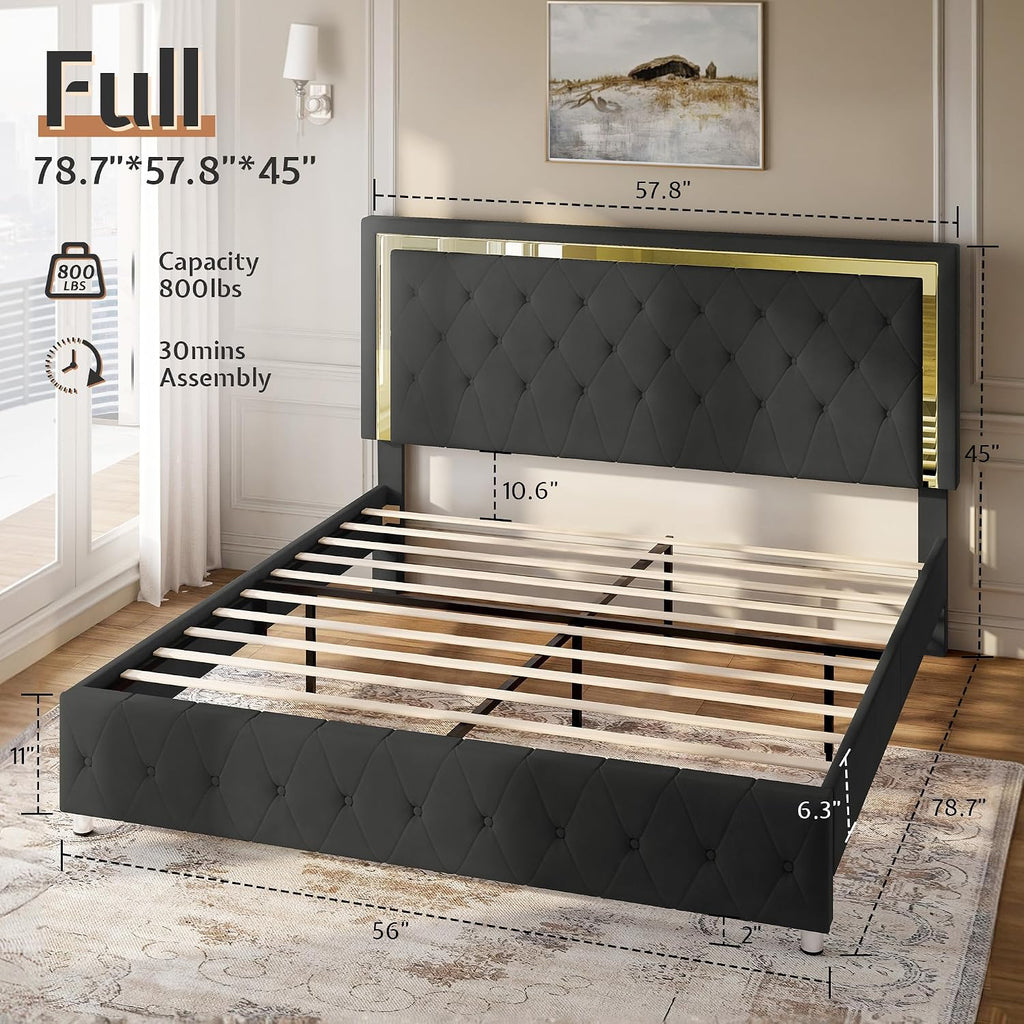 Jocisland Full Bed Frame with LED Lights Headboard&Footboard, Velvet Upholstered Full Size Platform Bed Frame No Box Spring Needed/Black