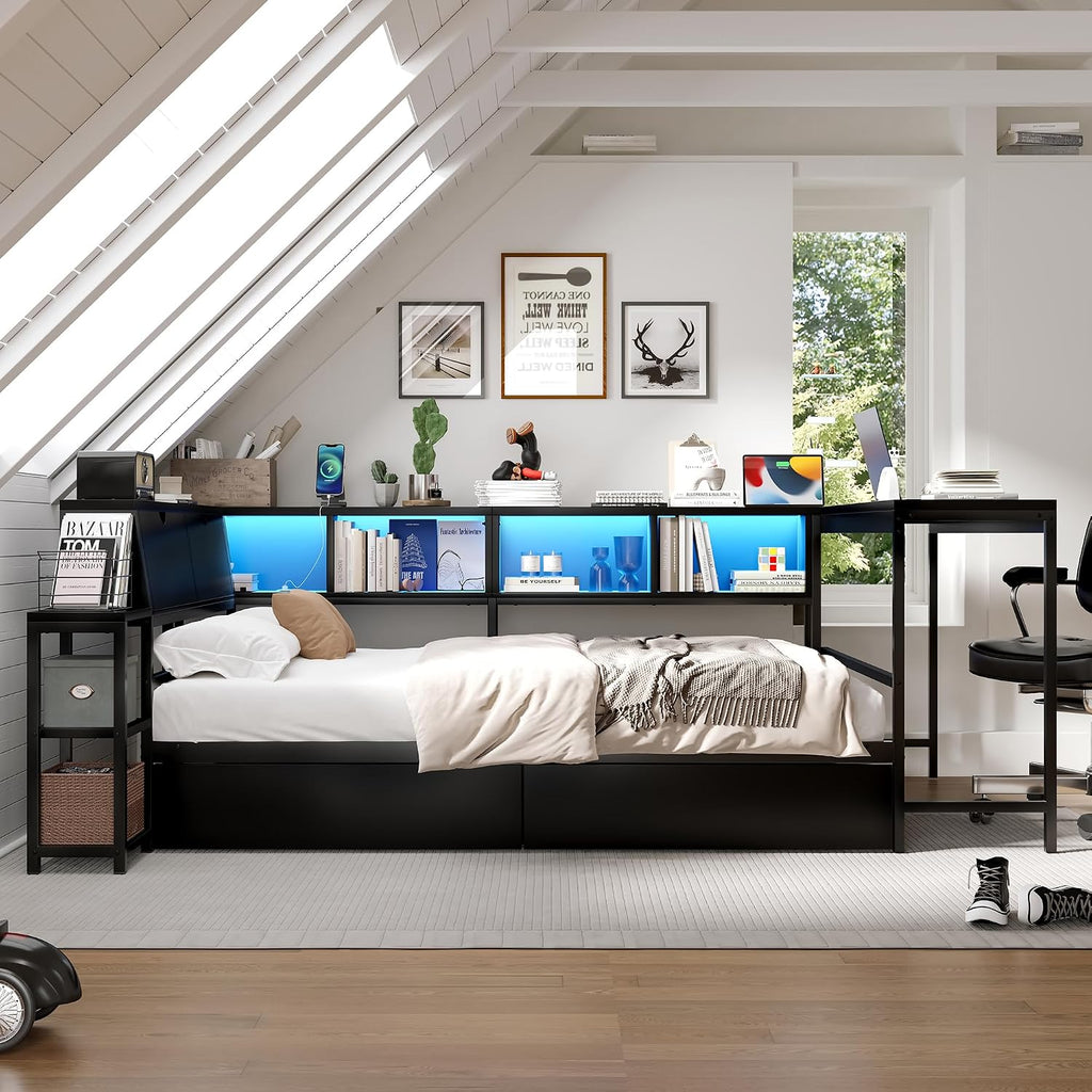 Bellemave Twin Corner Bed Frame with Desk and Storage, Twin Captains Beds with Charging Station,LED Light, Wood Daybeds with L-Shaped Bookcase and 2 Drawers, Black