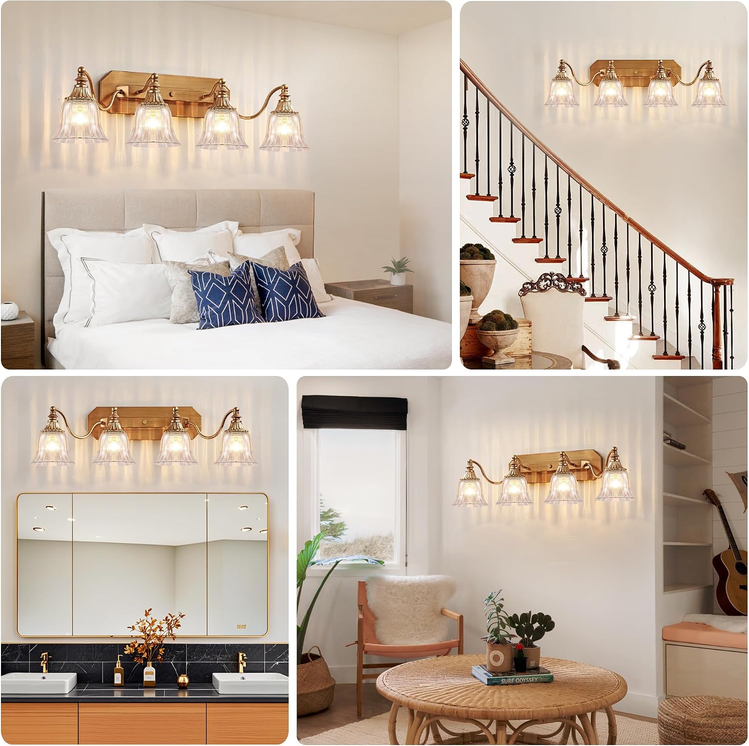 Gold Vintage Bathroom Light Fixtures, 4-Lights Bathroom Vanity Light, Antique Brushed Gold Lighting Fixtures Over Mirror with Crystal Glass Shade, Wall Sconce Lighting