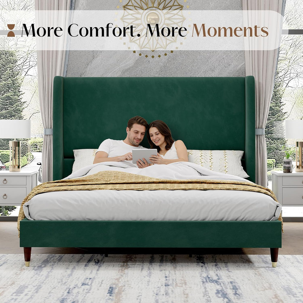 PaPaJet Queen Bed Frame with 51.2' Tall Wingback Headboard,Velvet Upholstered Platform Bed,Solid Wood Legs,No Box Spring Needed,Noise-Free&Easy Assembly,for Couples, Guest Room, Apartment,Green