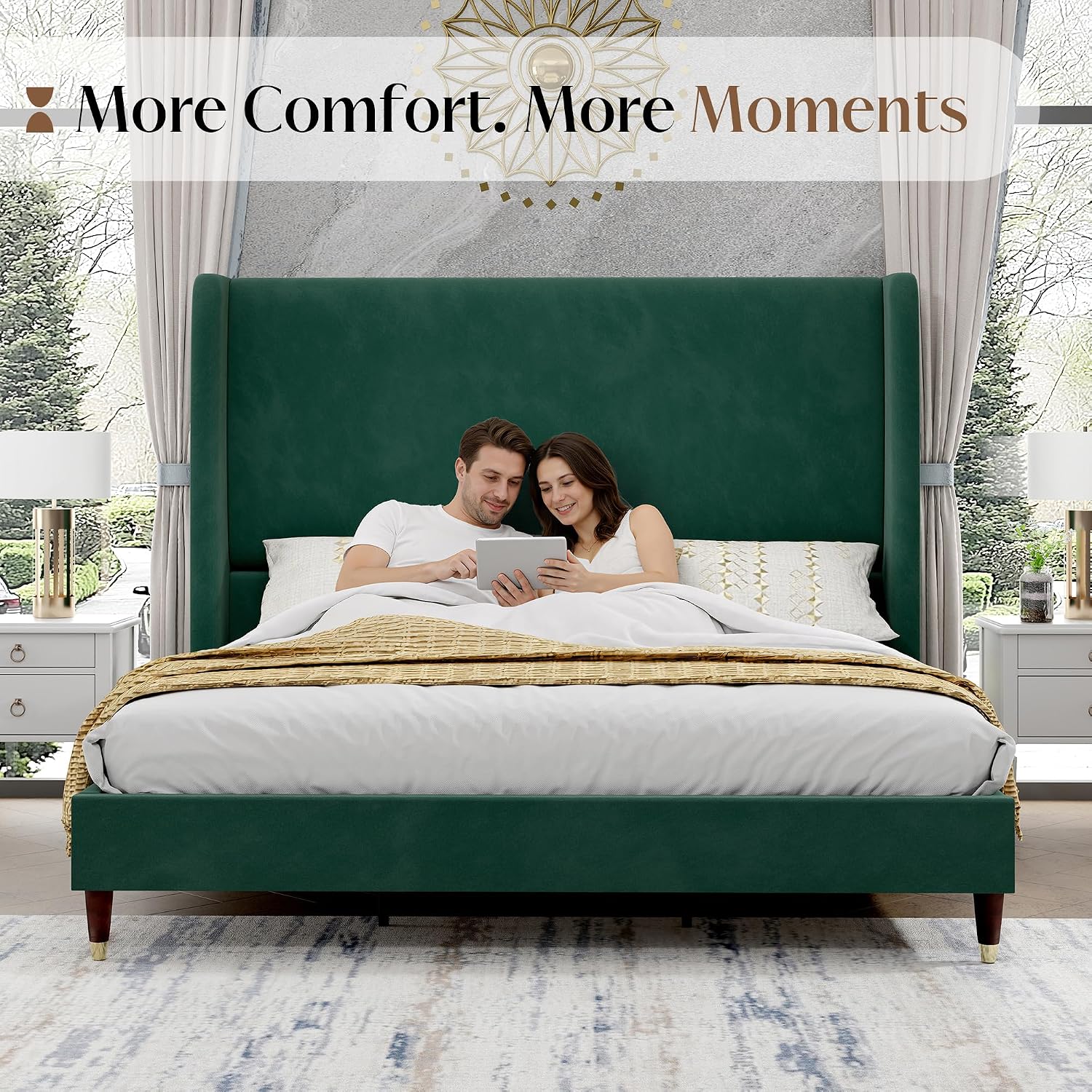 PaPaJet Queen Bed Frame with 51.2' Tall Wingback Headboard,Velvet Upholstered Platform Bed,Solid Wood Legs,No Box Spring Needed,Noise-Free&Easy Assembly,for Couples, Guest Room, Apartment,Green