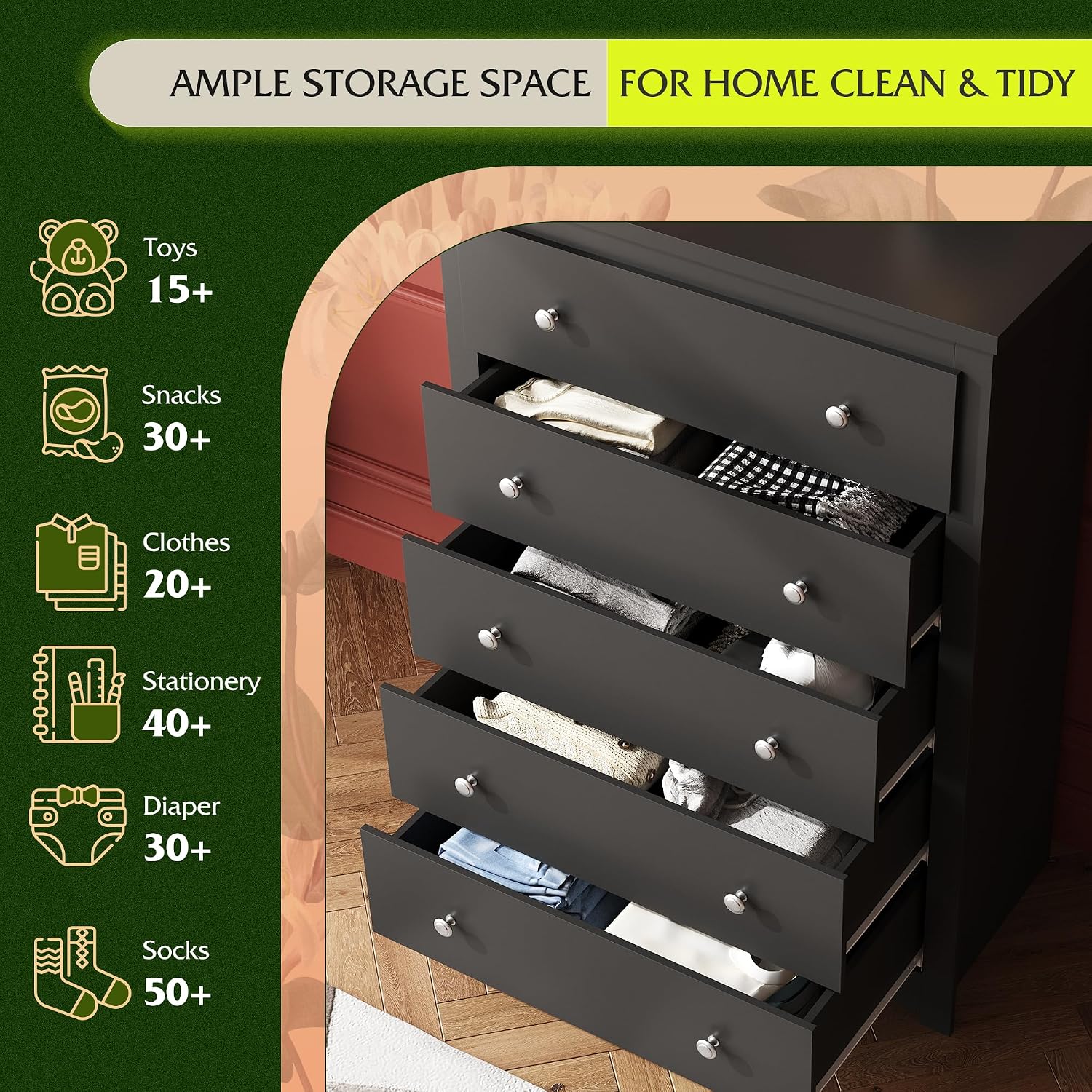 WLIVE Wooden Dresser with 5 Drawers, 45' Tall Black Dresser for Bedroom, Chest of Drawers, Storage Cabinet and Organizer Drawers for Living Room, Hallway, Closet