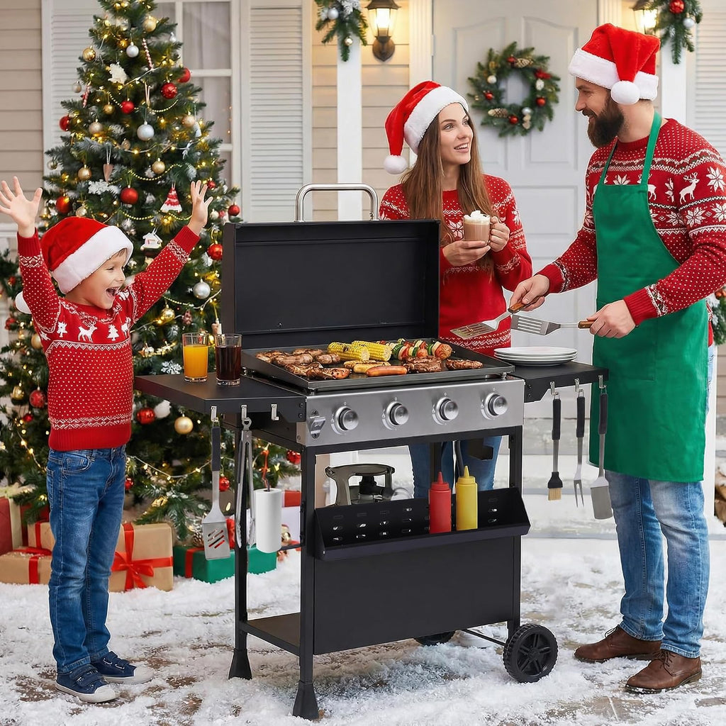 TITIMO 4-Burner Propane Gas Griddle with Removable Standing Cart and Enameled Cast Iron Pan, Portable Barbecue Grill with Side Tables and Spice Rack, Outdoor Gas BBQ for Patio and Party, 32,000 BTU