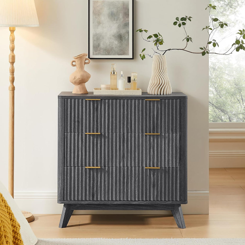 T4TREAM Fluted 3 Drawers Nightstand, Oversized Extra Large Modern Side Table, End Table Bedside for Bedroom, Living Room, Curved Profile Design, Dark Alder