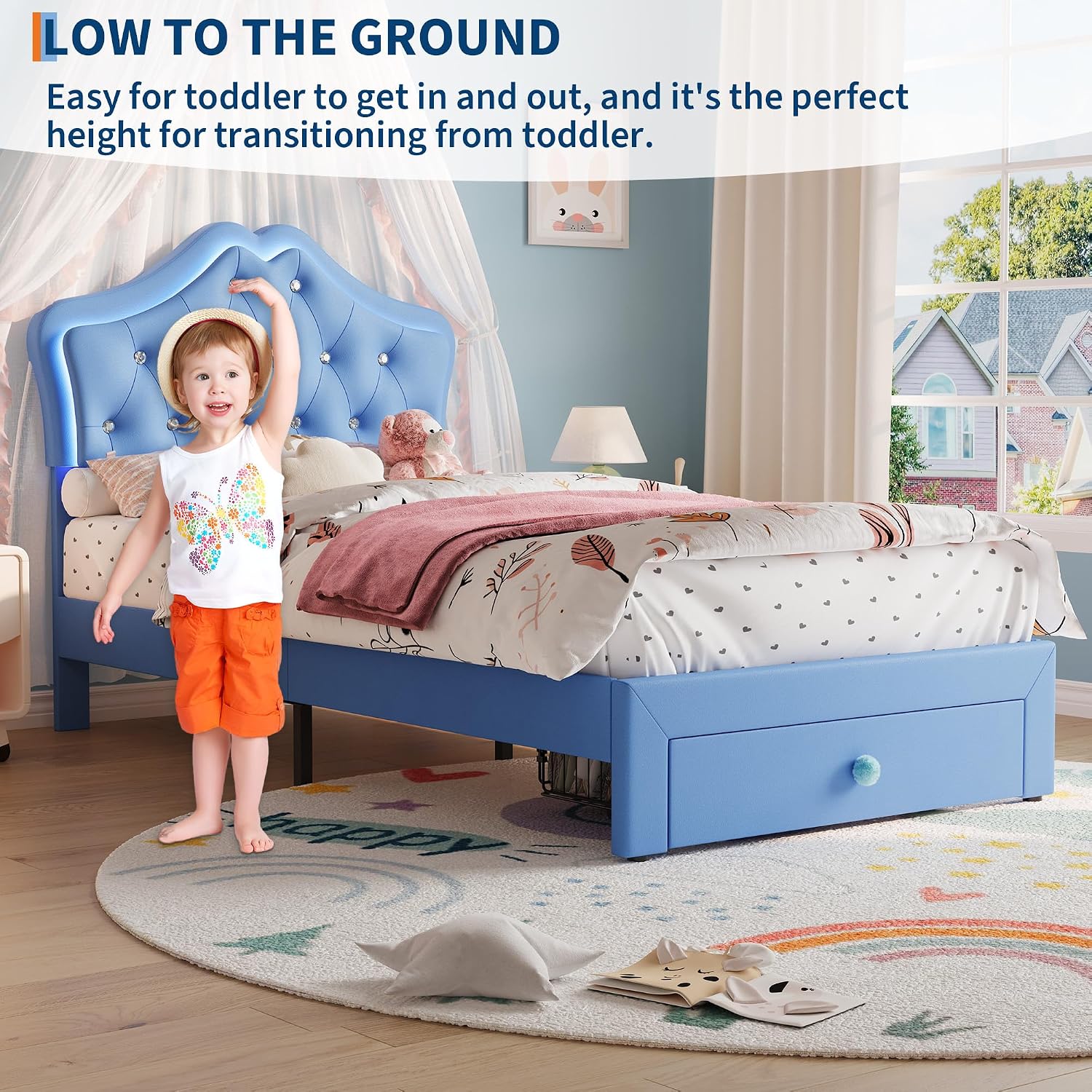 Garvee Twin Size Bed Frame with LED Lights & Velvet Crystal Button Headboard, Upholstered Boy/Girl Platform Bed with Storage Drawer, Noise Free, No Box Spring Needed for Kids, Teens, Blue