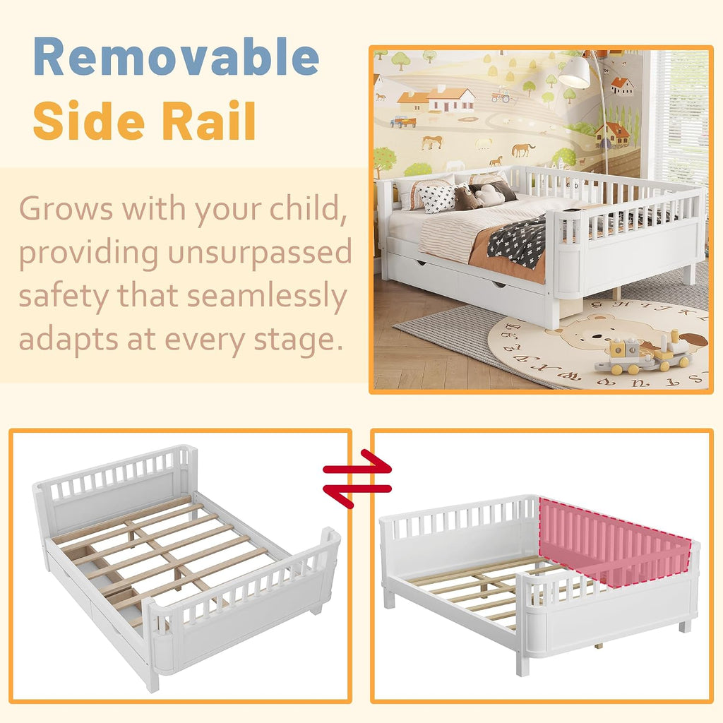 Full Kids Bed with Storage Drawers & Rails, Wood Low Montessori Beds with Detachable Side Rails & Slats, Modern Daybed for Boys Girls Bedroom, Kids Full Platform Bed, White