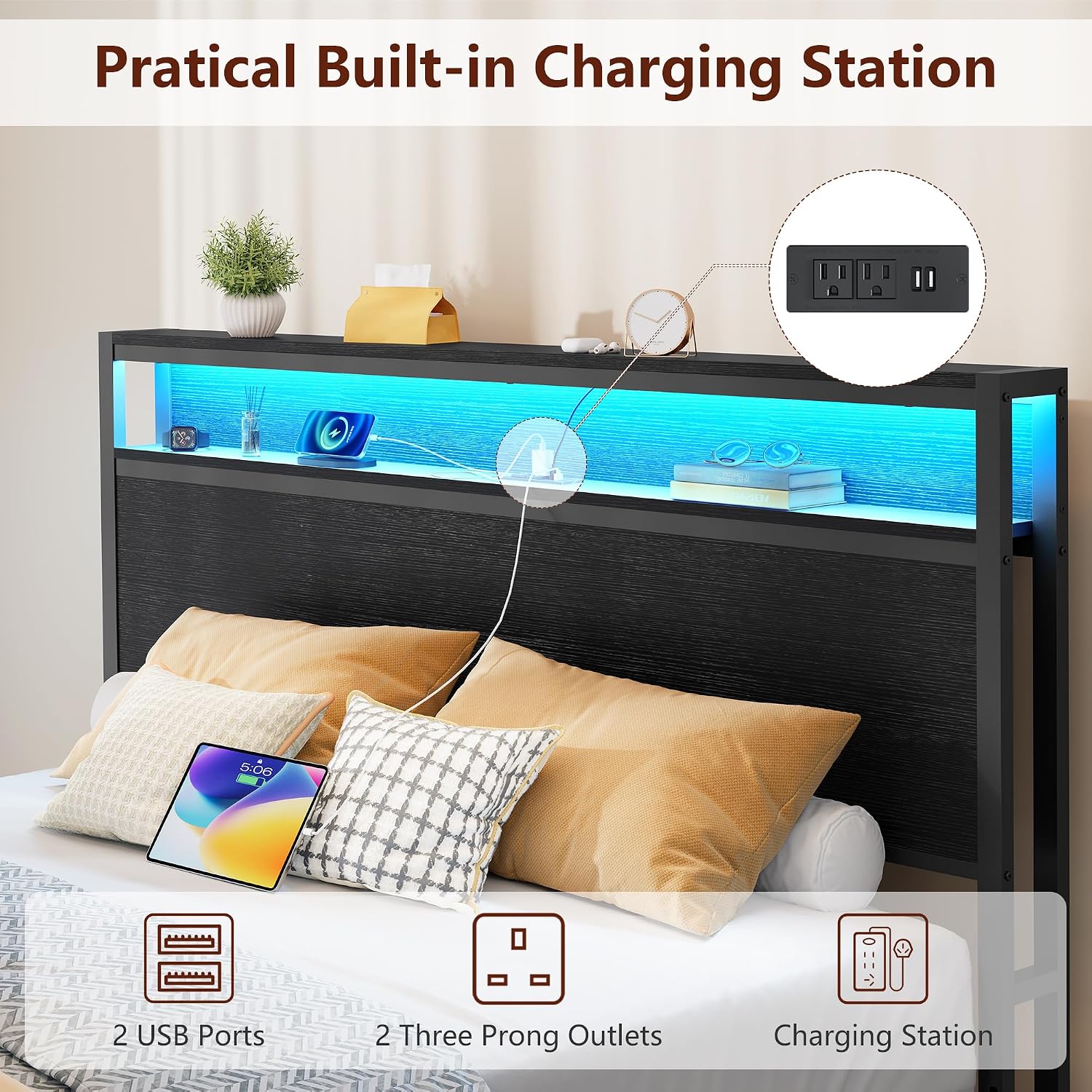 FAVOOSTY Queen Bed Frame with 2-Tier Headboard, Metal Platform with 2 Storage Drawers, LED Lights and Charging Station, Noise Free, No Box Spring Needed, Easy Assembly, Black