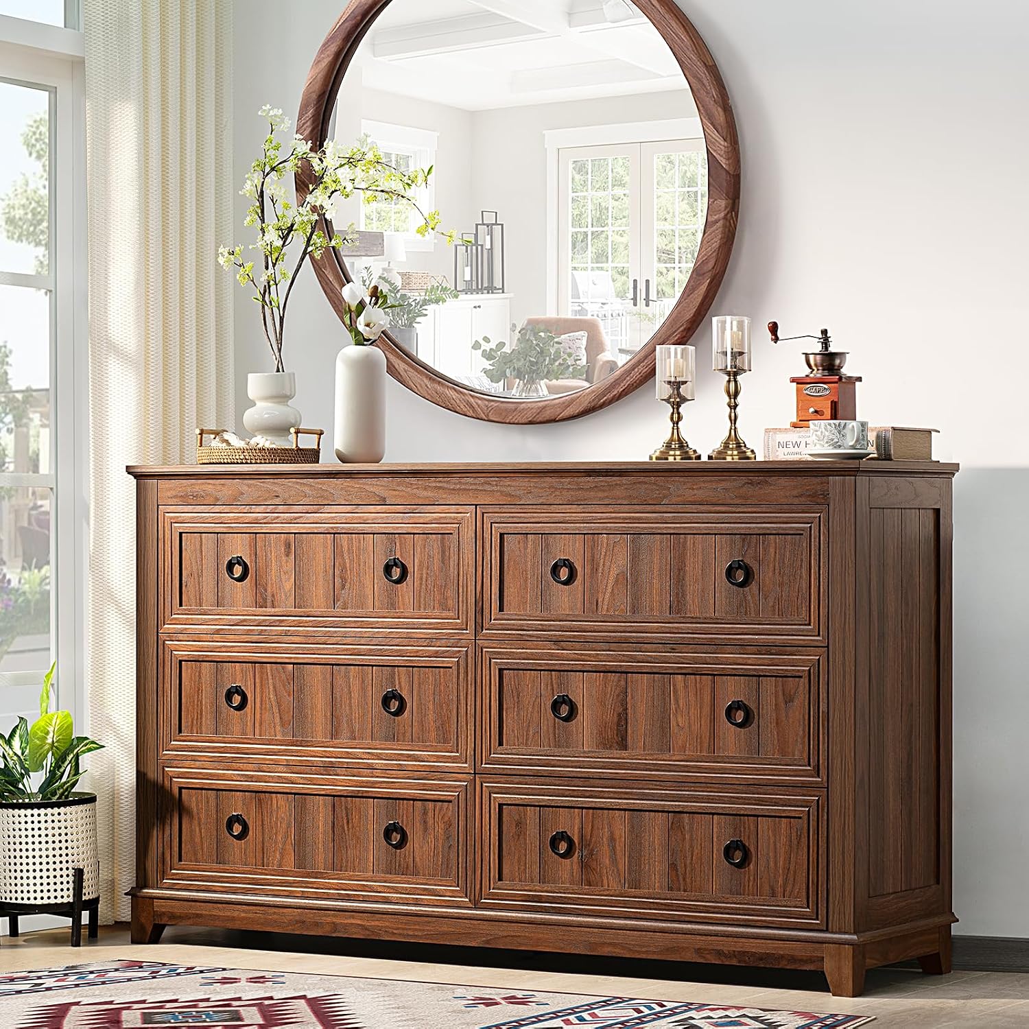 Joaxswe Farmhouse Furniture Set, Nightstands Set of 2 and 6 Drawers Dresser for Bedroom, 54 Inch Wide Wood Dresser and 18' Night Stands with Charging Station for Bedroom, Living Room, Hallway