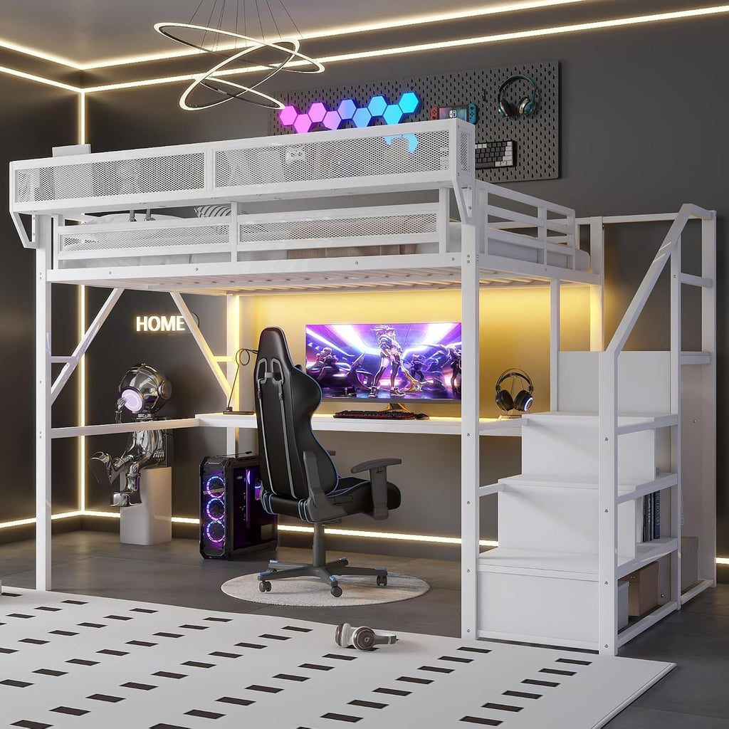 Metal Loft Bed with Desk and RGB LED Lights, Queen Size Loft Bed with Stairs and Charging Station,Adult Loft Beds with Storage Shelves for Upper and Wardrobe,Loft Beds Frame for Kids Teens, White