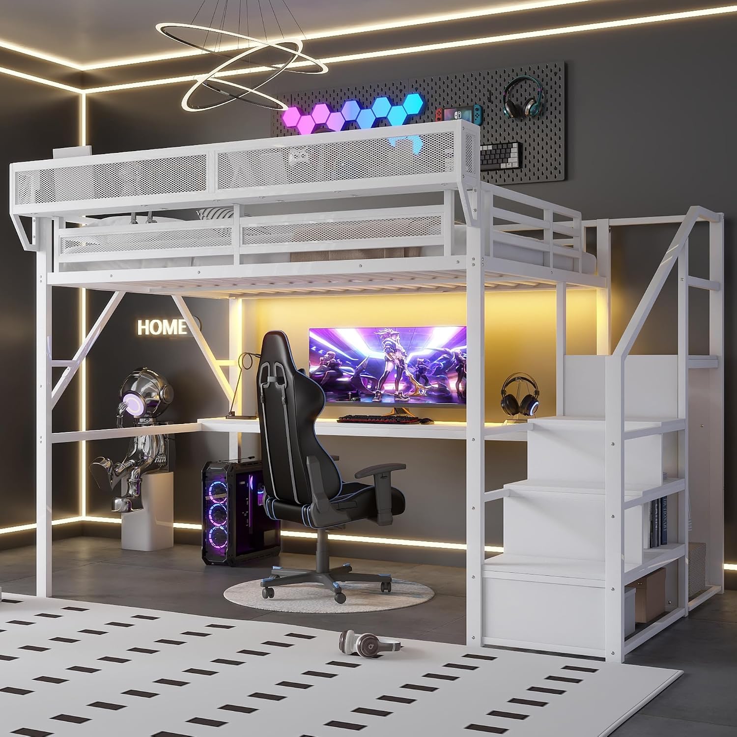 Metal Loft Bed with Desk and RGB LED Lights, Queen Size Loft Bed with Stairs and Charging Station,Adult Loft Beds with Storage Shelves for Upper and Wardrobe,Loft Beds Frame for Kids Teens, White